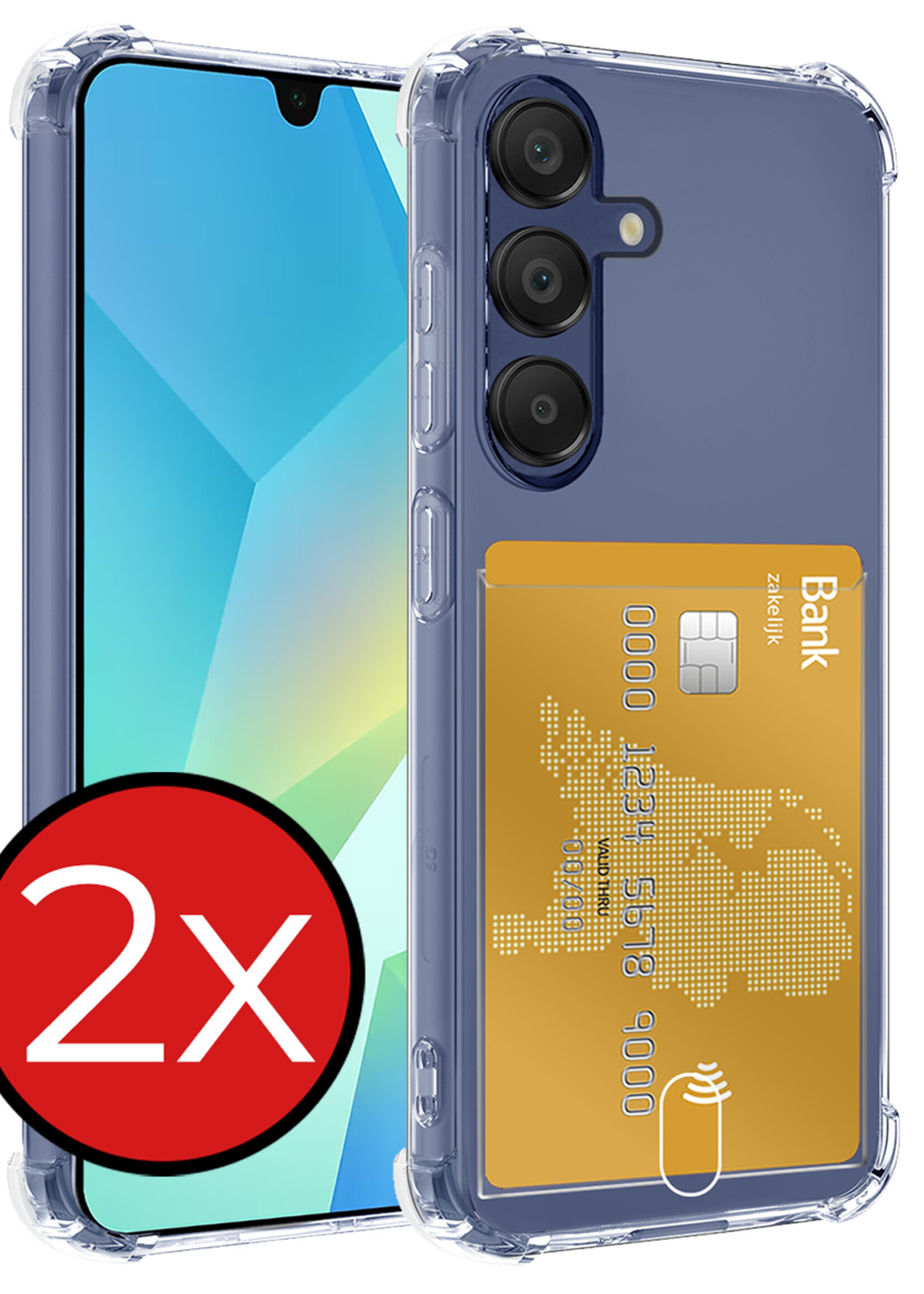 BTH Hoesje Geschikt voor Samsung A16 Hoesje Met Pasjeshouder Siliconen Case Met Kaarthouder - Hoes Geschikt voor Samsung Galaxy A16 Hoesje Shock Proof Case - Transparant - 2 PACK