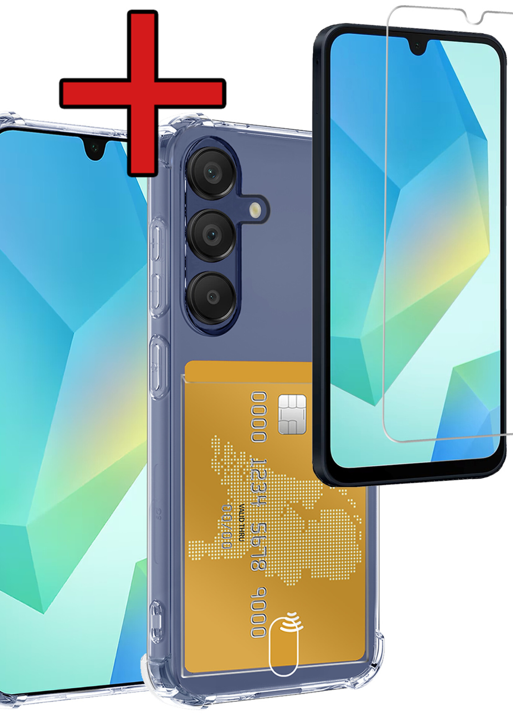 BTH Hoesje Geschikt voor Samsung A16 Hoesje Met Pasjeshouder Siliconen Case Met Kaarthouder Met Screenprotector - Hoes Geschikt voor Samsung Galaxy A16 Hoesje Shock Proof Case - Transparant