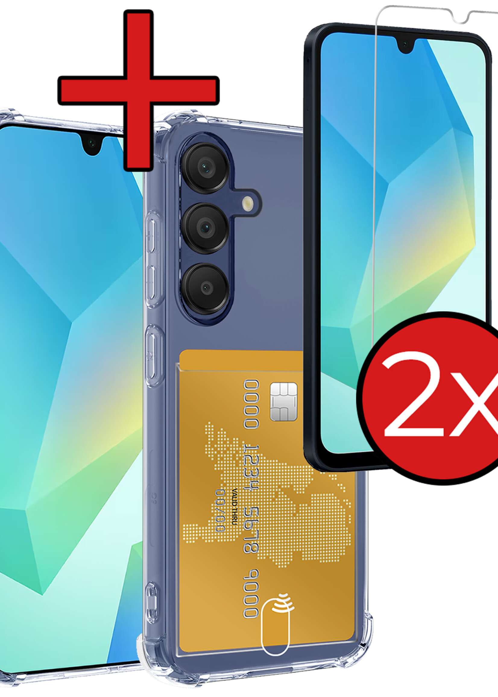 BTH Hoesje Geschikt voor Samsung A16 Hoesje Met Pasjeshouder Siliconen Case Met Kaarthouder Met 2x Screenprotector - Hoes Geschikt voor Samsung Galaxy A16 Hoesje Shock Proof Case - Transparant