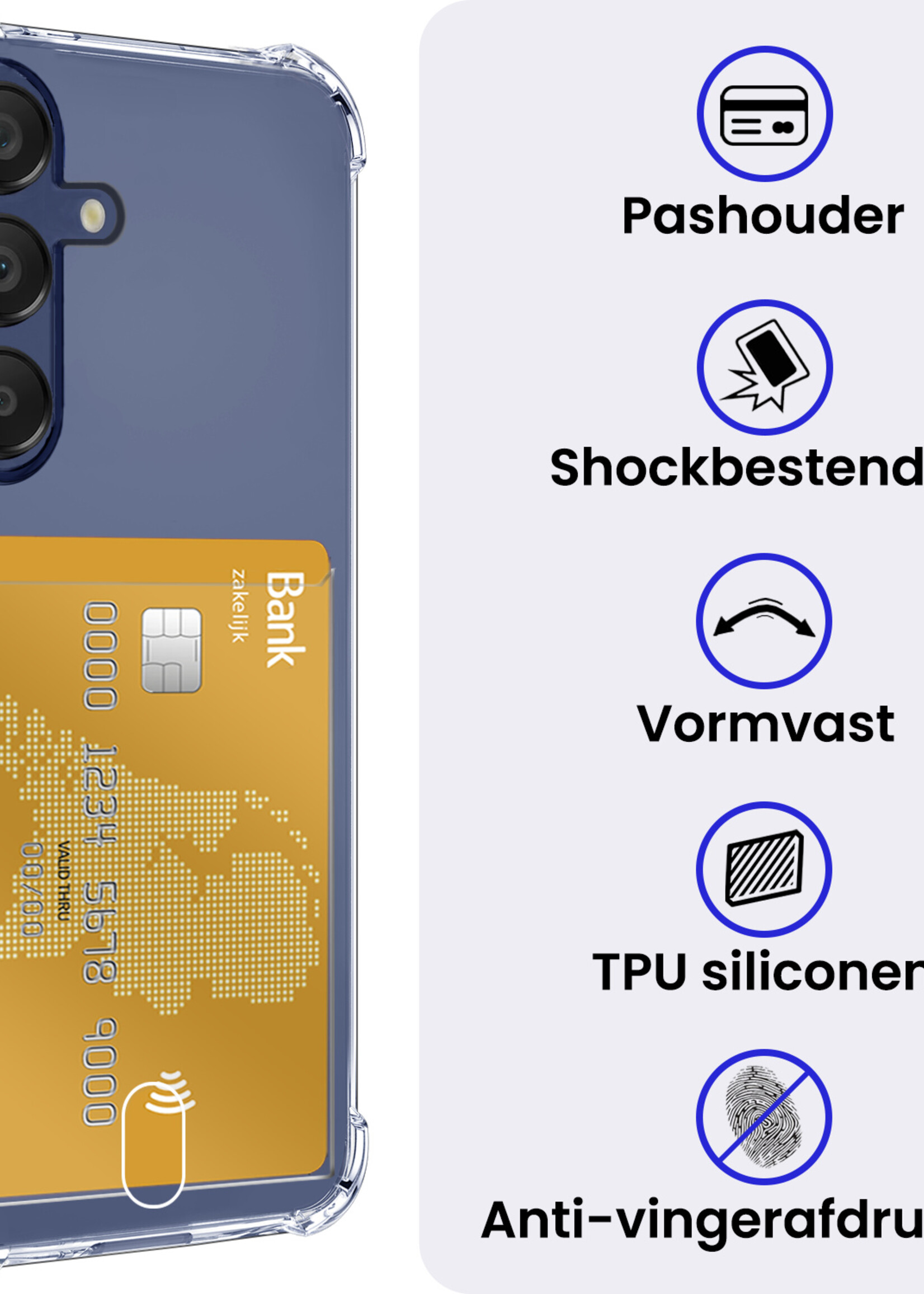 BTH Hoesje Geschikt voor Samsung A16 Hoesje Met Pasjeshouder Siliconen Case Met Kaarthouder Met 2x Screenprotector - Hoes Geschikt voor Samsung Galaxy A16 Hoesje Shock Proof Case - Transparant