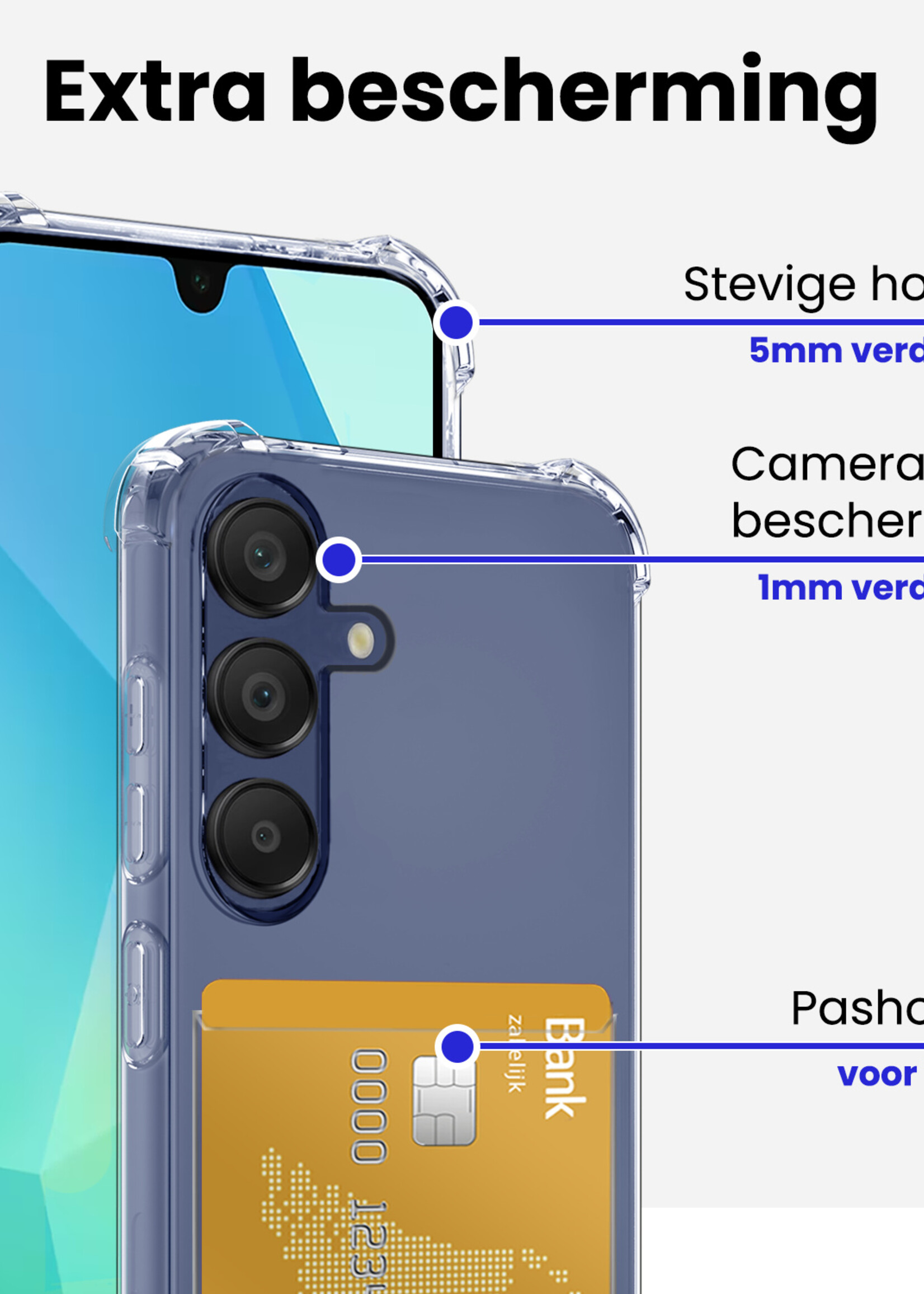 BTH Hoesje Geschikt voor Samsung A16 Hoesje Met Pasjeshouder Siliconen Case Met Kaarthouder Met 2x Screenprotector - Hoes Geschikt voor Samsung Galaxy A16 Hoesje Shock Proof Case - Transparant