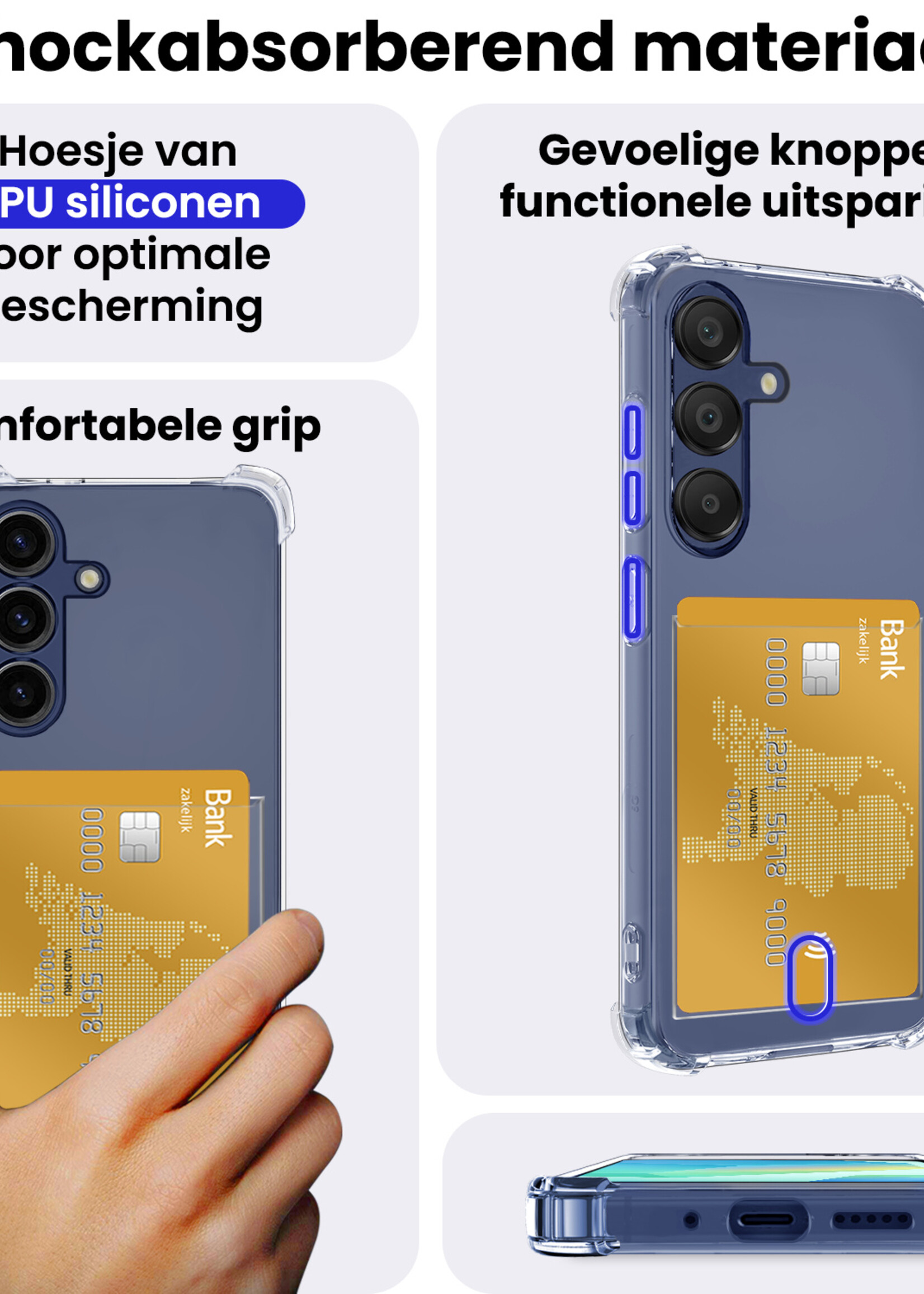 BTH Hoesje Geschikt voor Samsung A16 Hoesje Met Pasjeshouder Siliconen Case Met Kaarthouder Met 2x Screenprotector - Hoes Geschikt voor Samsung Galaxy A16 Hoesje Shock Proof Case - Transparant