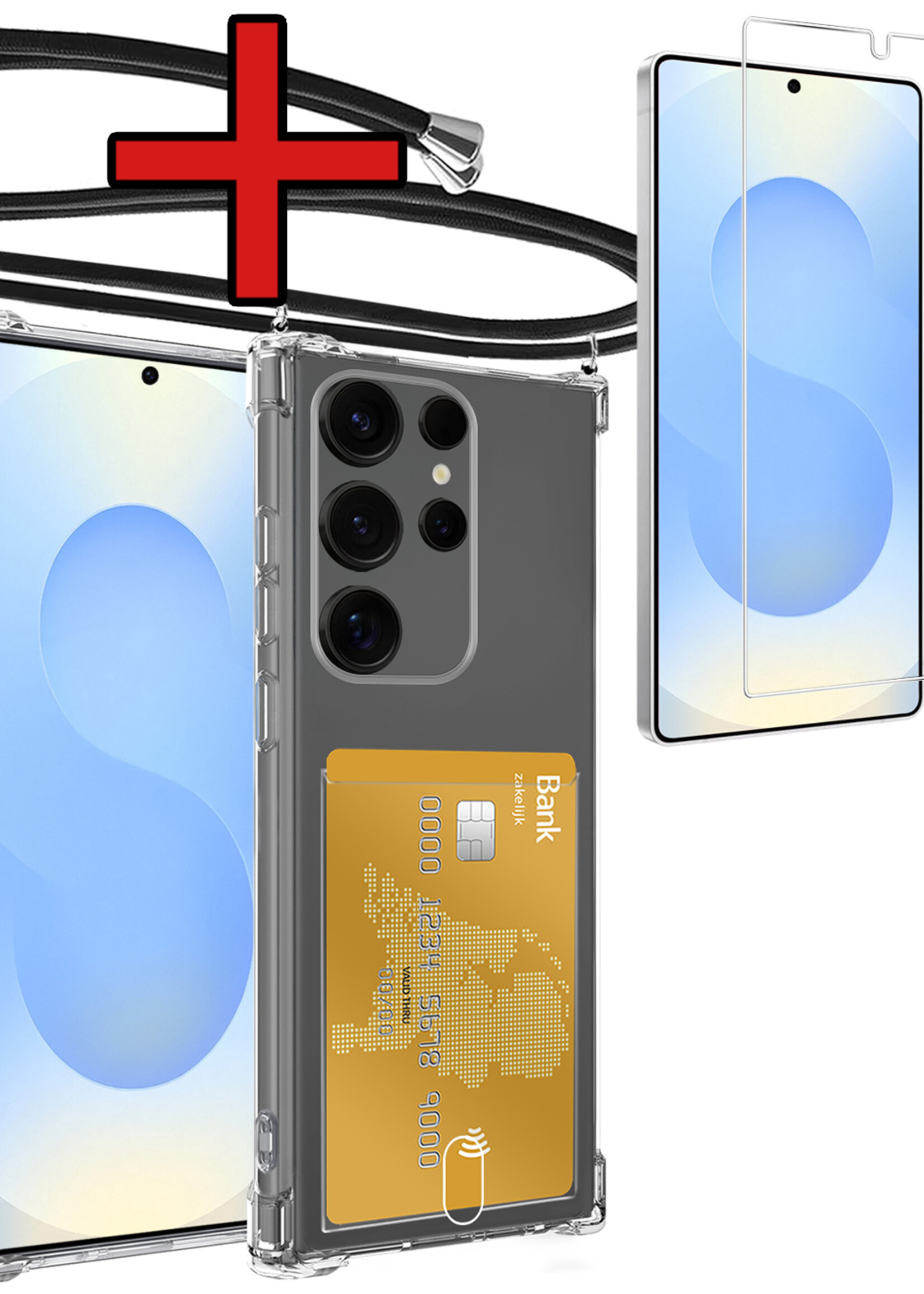 BTH BTH Samsung Galaxy S25 Ultra Hoesje Pashouder met Koord Met Screenprotector