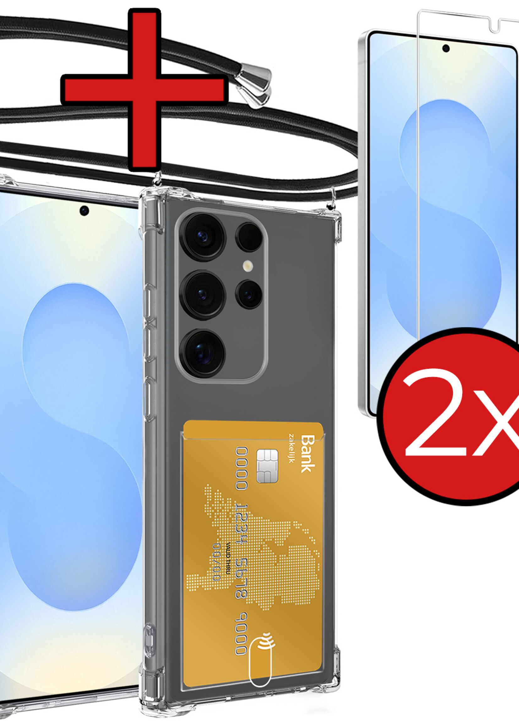 BTH BTH Samsung Galaxy S25 Ultra Hoesje Pashouder met Koord Met 2x Screenprotector
