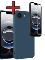 BTH BTH iPhone 16E Hoesje Siliconen Met Screenprotector Met Dichte Notch - Donkerblauw