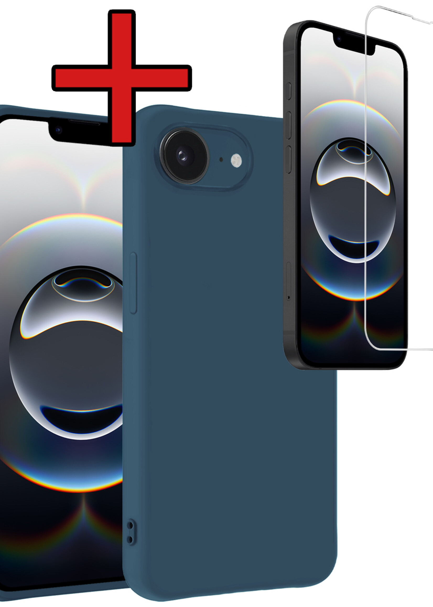 BTH BTH iPhone 16E Hoesje Siliconen Met Screenprotector Met Dichte Notch - Donkerblauw