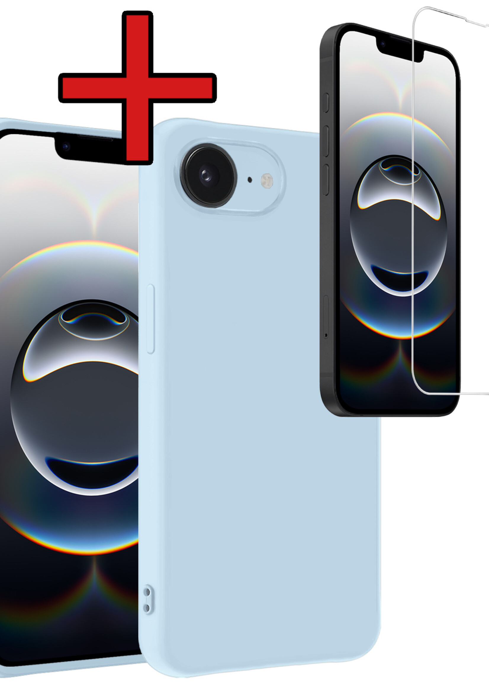 BTH BTH iPhone 16E Hoesje Siliconen Met Screenprotector Met Dichte Notch - Lichtblauw
