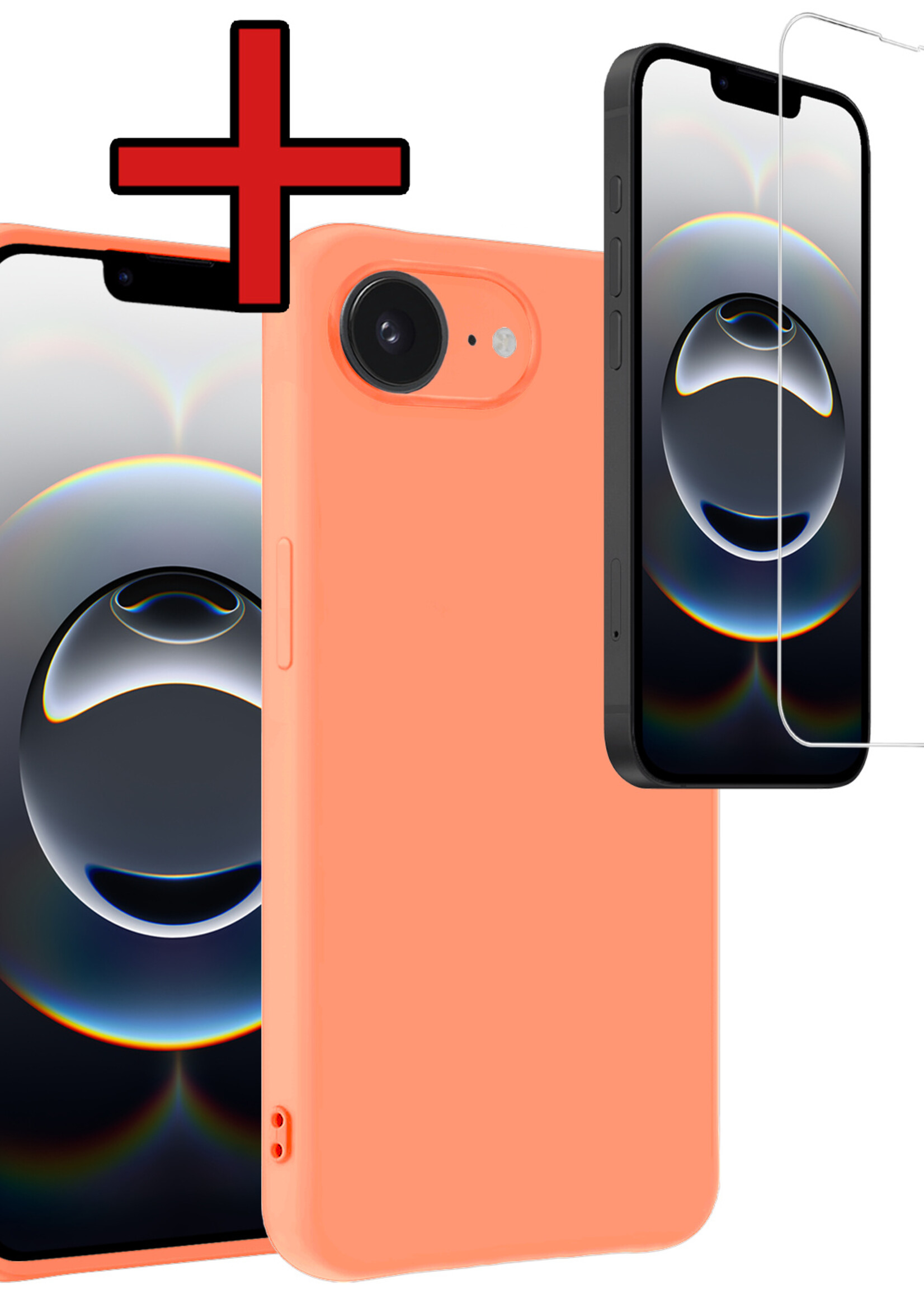 BTH BTH iPhone 16E Hoesje Siliconen Met Screenprotector Met Dichte Notch - Perzik