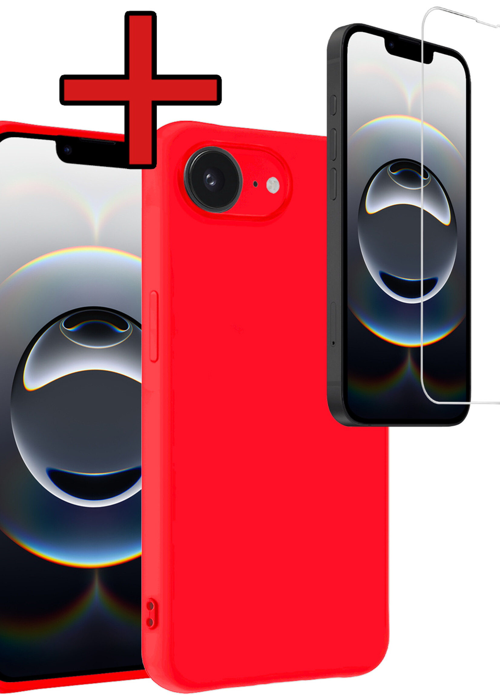 BTH BTH iPhone 16E Hoesje Siliconen Met Screenprotector Met Dichte Notch - Rood