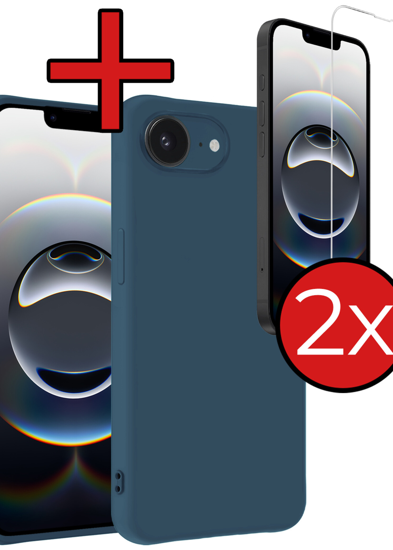 BTH BTH iPhone 16E Hoesje Siliconen Met 2x Screenprotector Met Dichte Notch - Donkerblauw