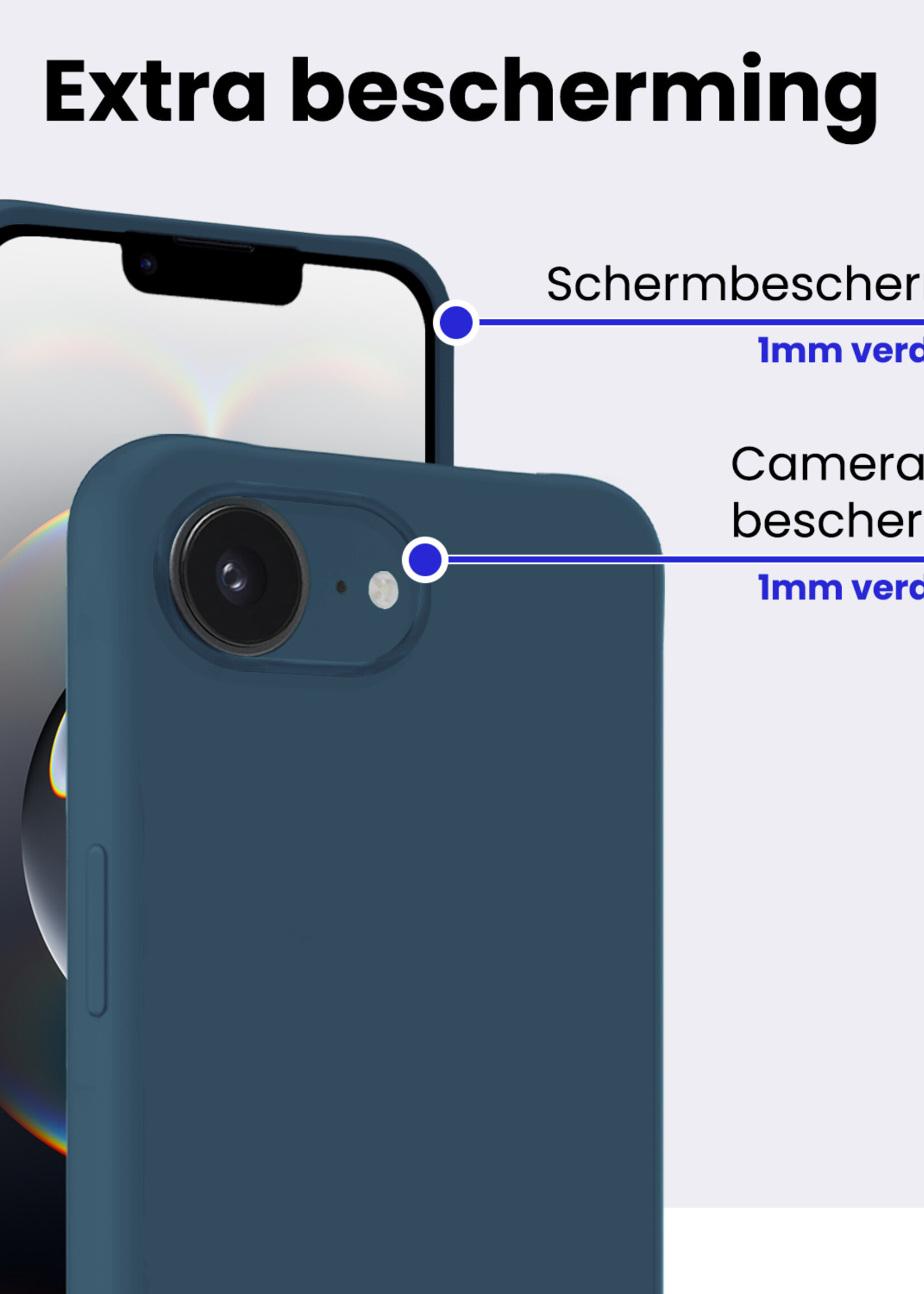 BTH BTH iPhone 16E Hoesje Siliconen Met 2x Screenprotector Met Dichte Notch - Donkerblauw