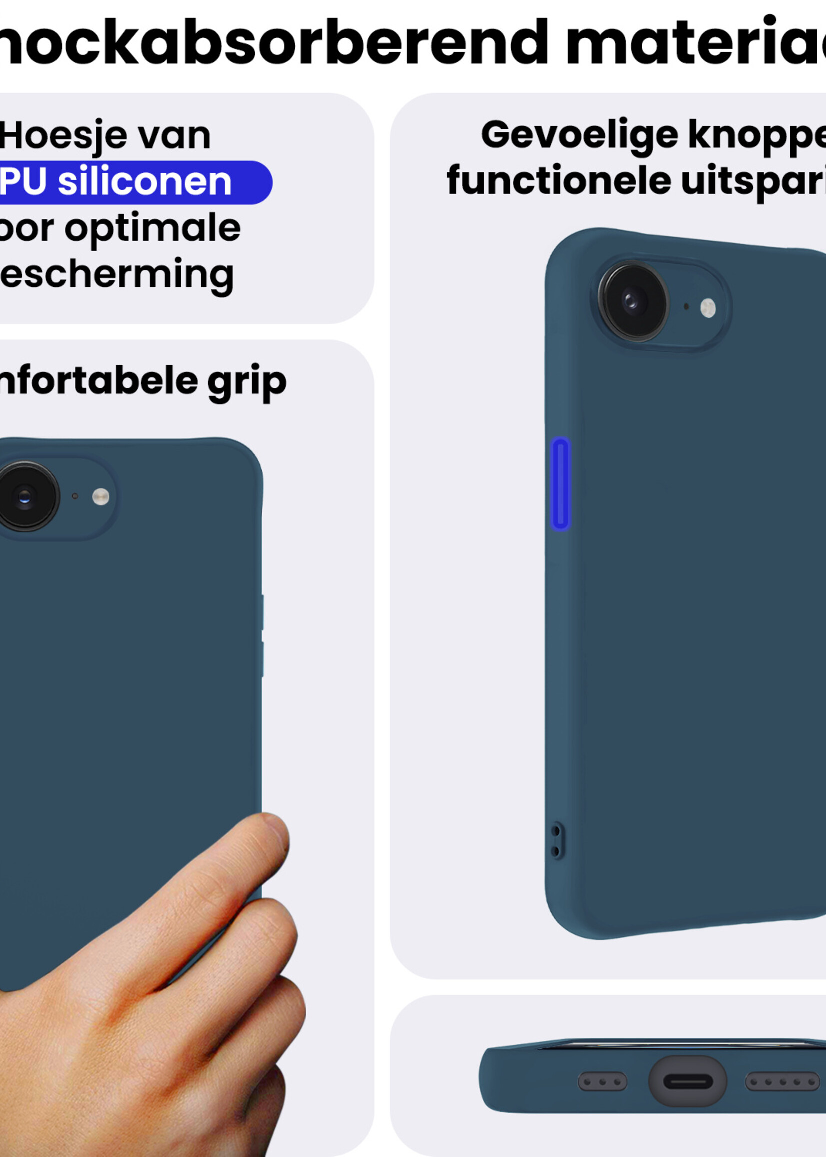 BTH BTH iPhone 16E Hoesje Siliconen Met 2x Screenprotector Met Dichte Notch - Donkerblauw
