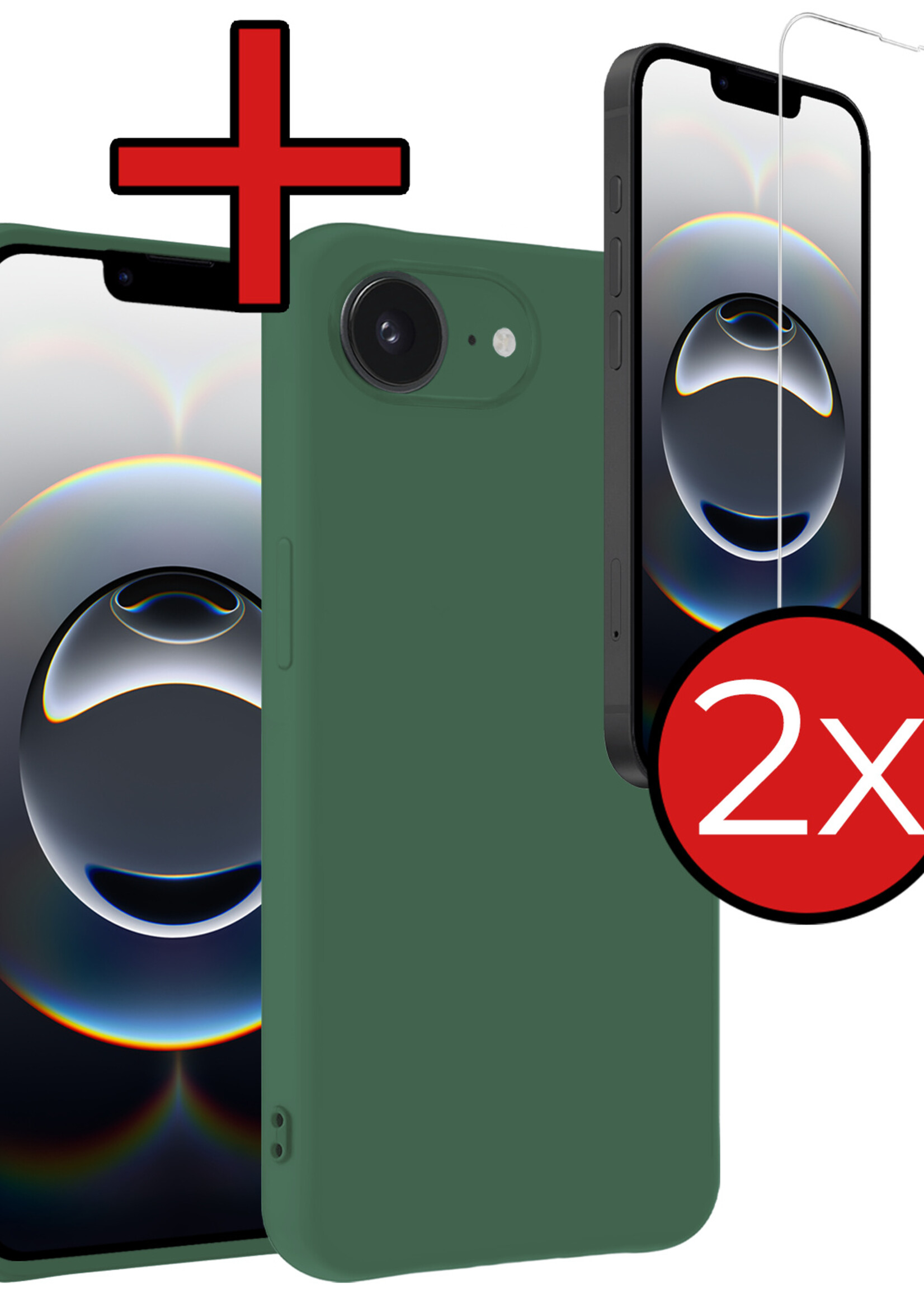 BTH BTH iPhone 16E Hoesje Siliconen Met 2x Screenprotector Met Dichte Notch - Donkergroen
