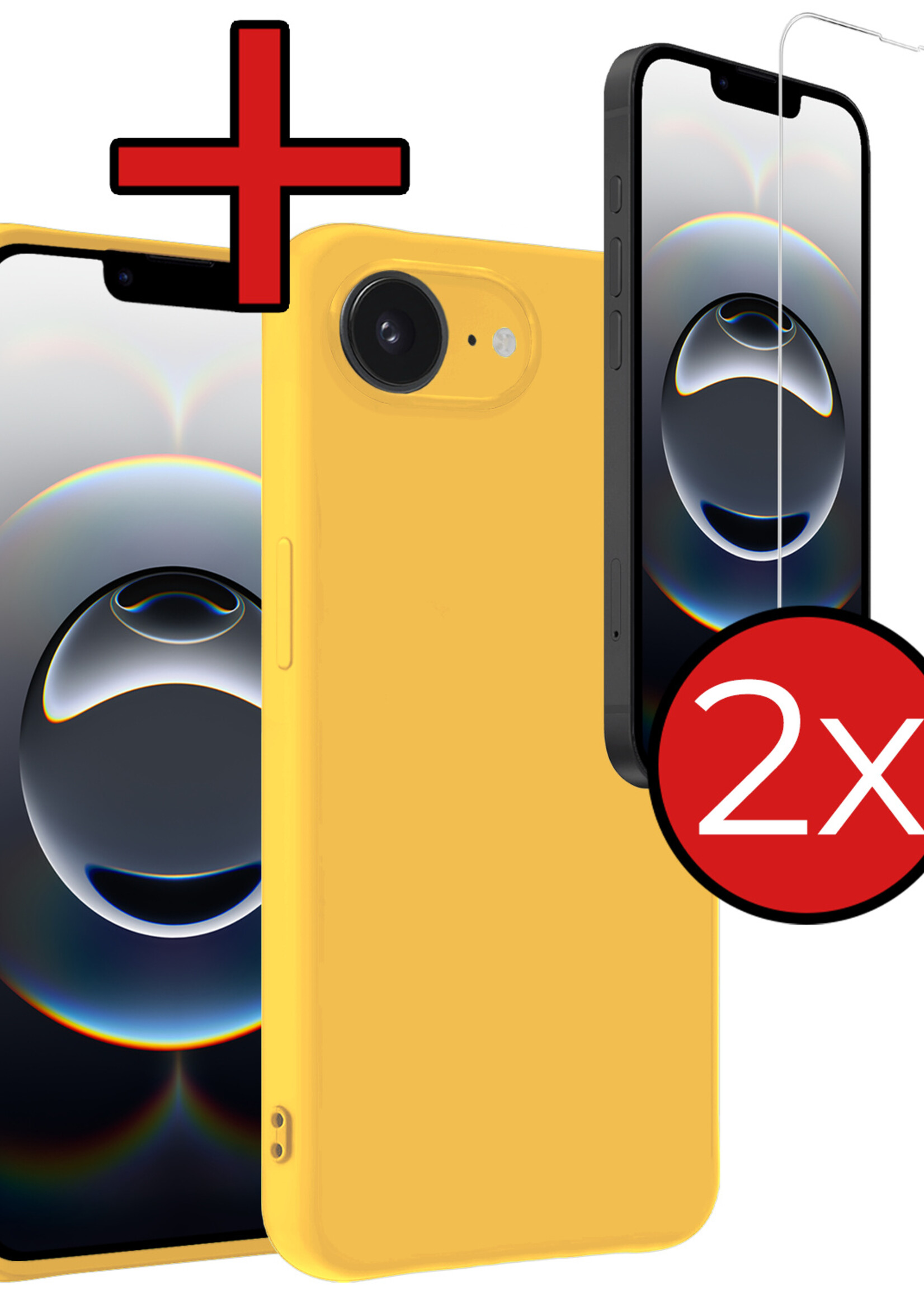 BTH BTH iPhone 16E Hoesje Siliconen Met 2x Screenprotector Met Dichte Notch - Geel