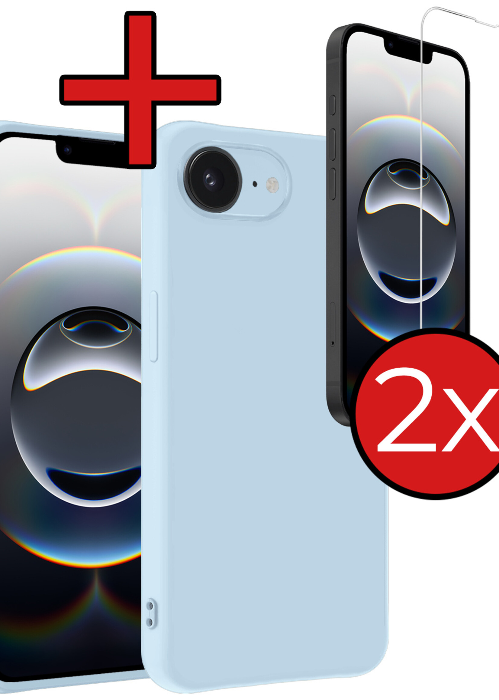 BTH BTH iPhone 16E Hoesje Siliconen Met 2x Screenprotector Met Dichte Notch - Lichtblauw