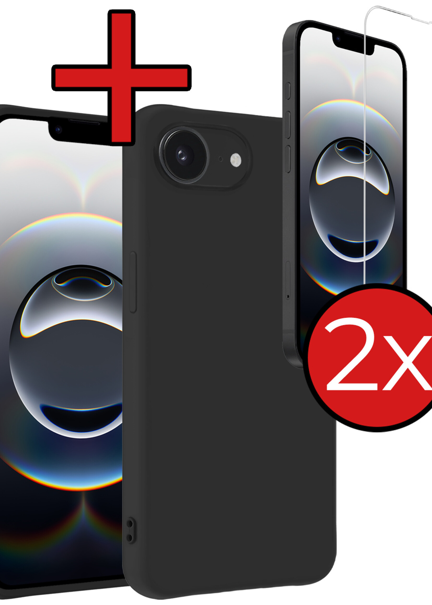 BTH BTH iPhone 16E Hoesje Siliconen Met 2x Screenprotector Met Dichte Notch - Zwart