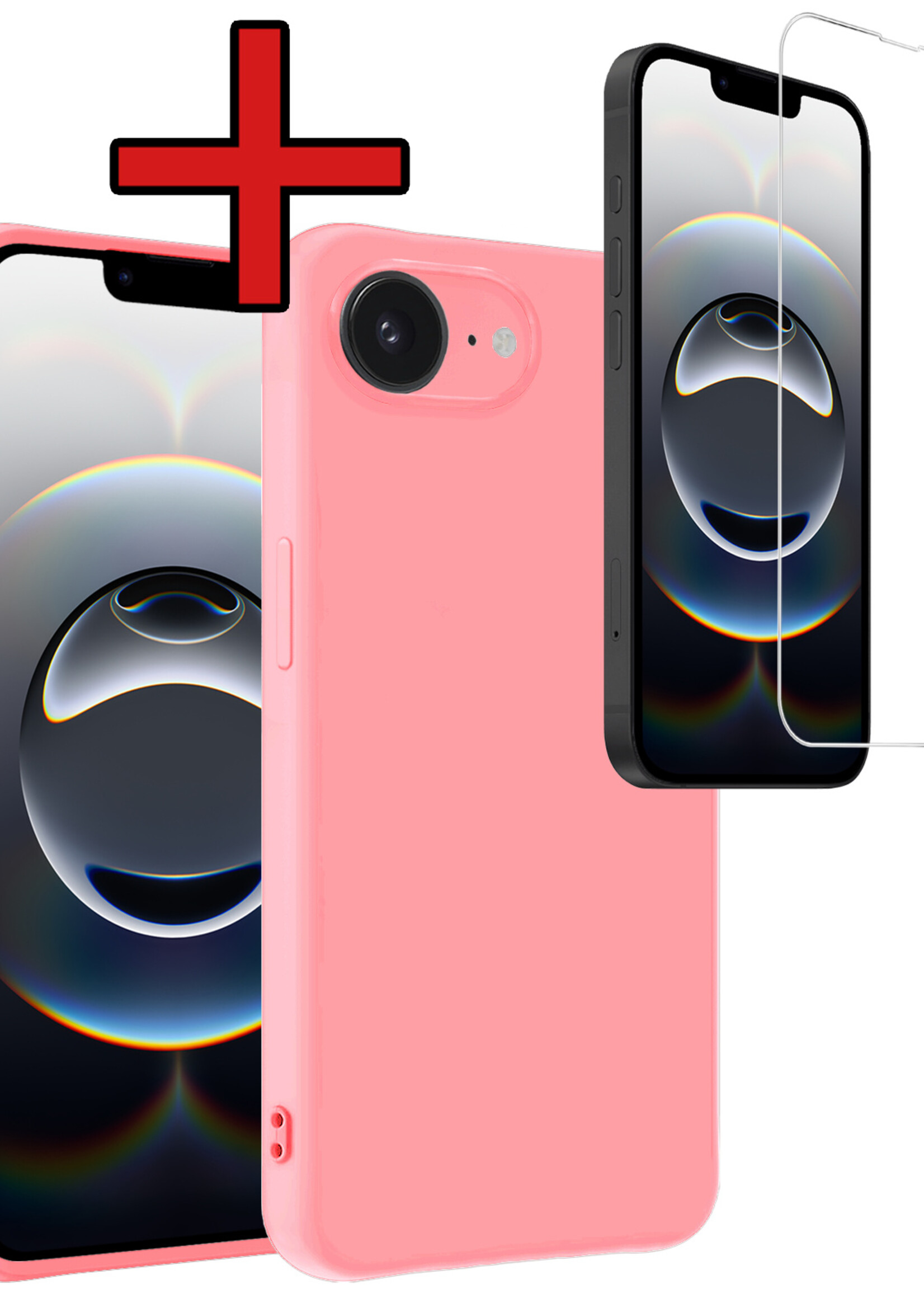 BTH BTH iPhone 16E Hoesje Siliconen Met Screenprotector Met Dichte Notch - Lichtroze