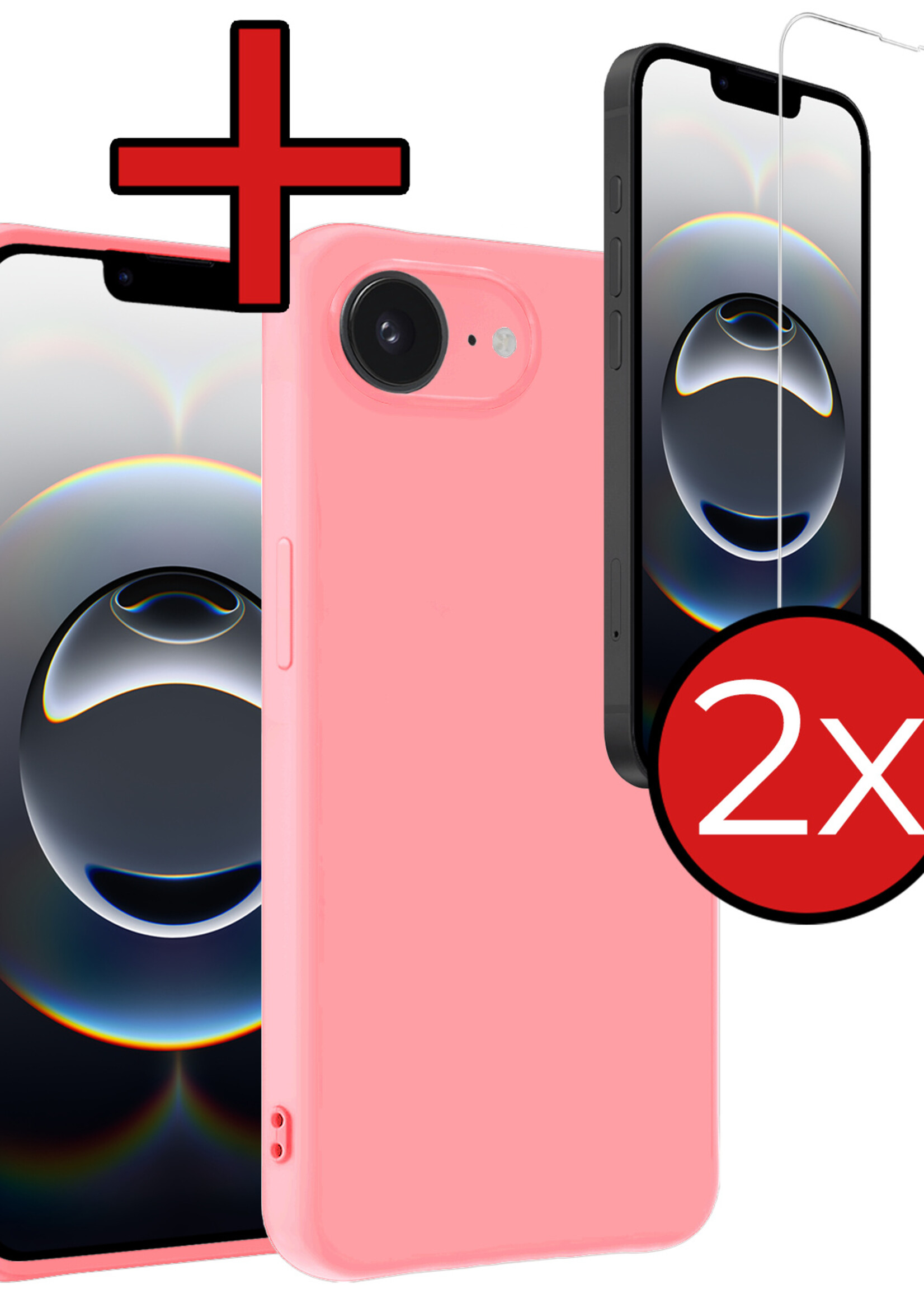 BTH BTH iPhone 16E Hoesje Siliconen Met 2x Screenprotector Met Dichte Notch - Lichtroze