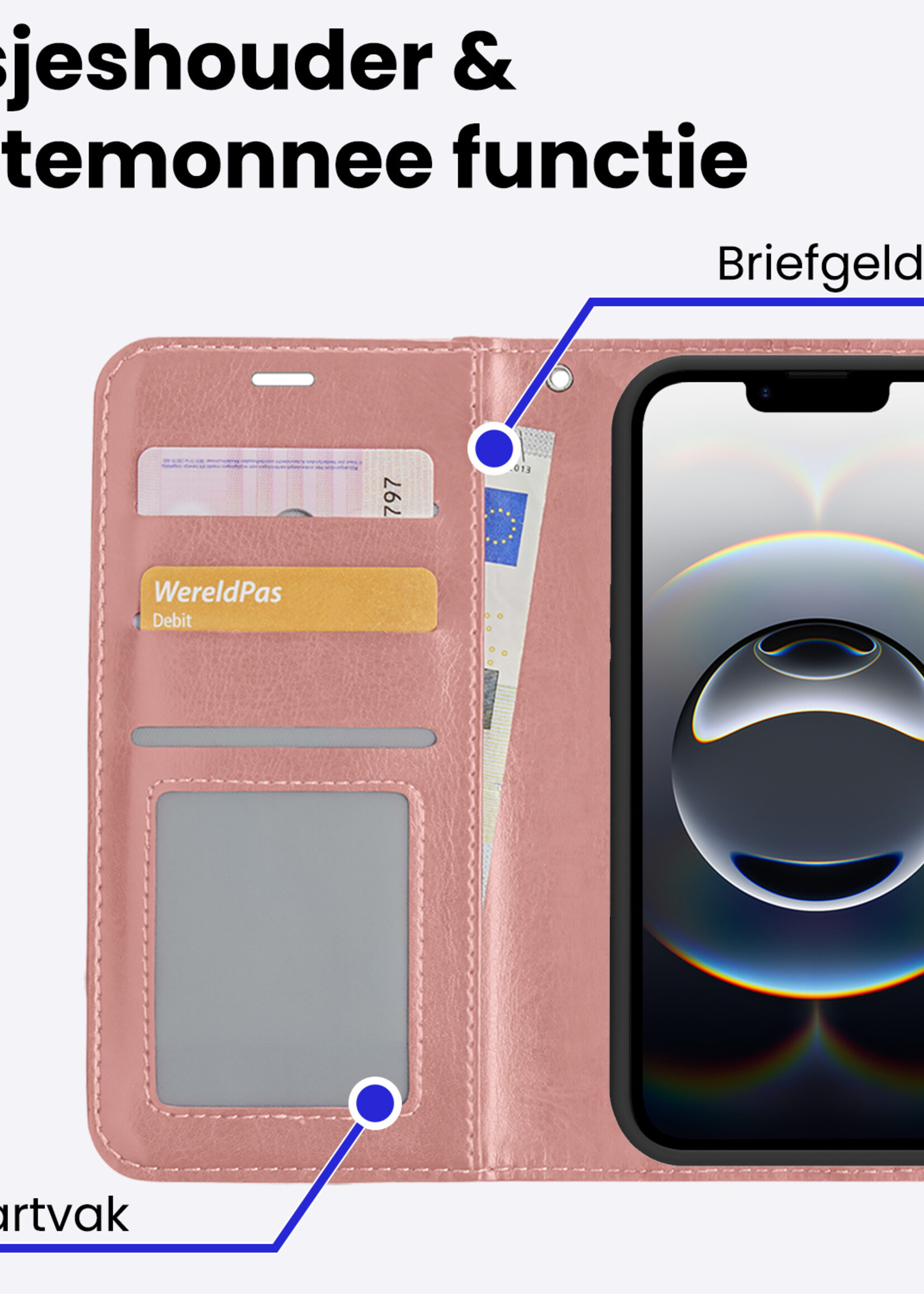 BTH BTH iPhone 16E Hoesje Bookcase Met Screenprotector - Rose Goud
