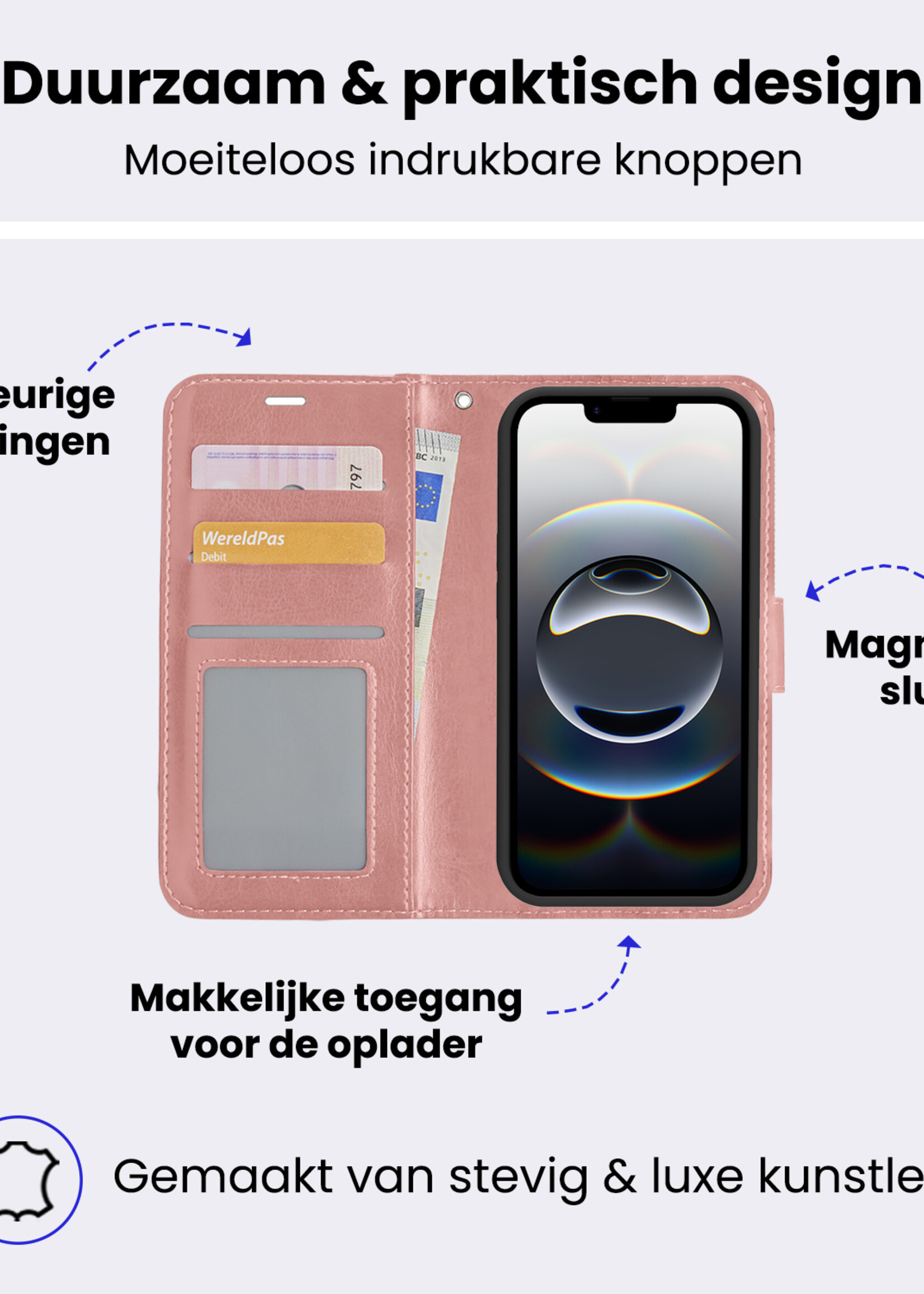 BTH BTH iPhone 16E Hoesje Bookcase Met Screenprotector - Rose Goud