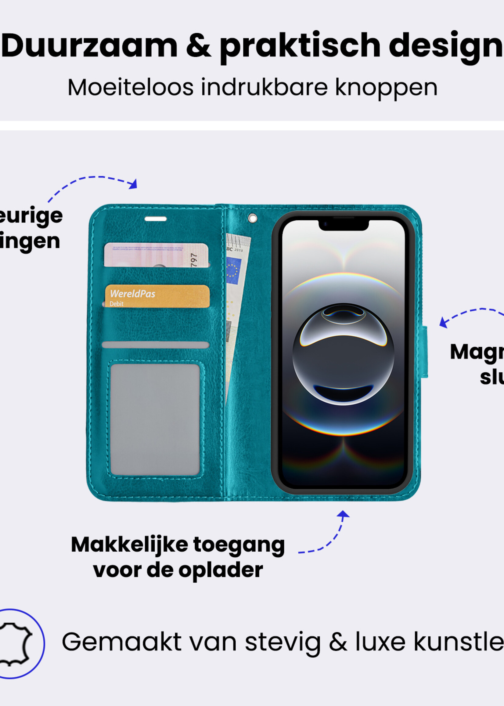 BTH BTH iPhone 16E Hoesje Bookcase Met Screenprotector - Turquoise