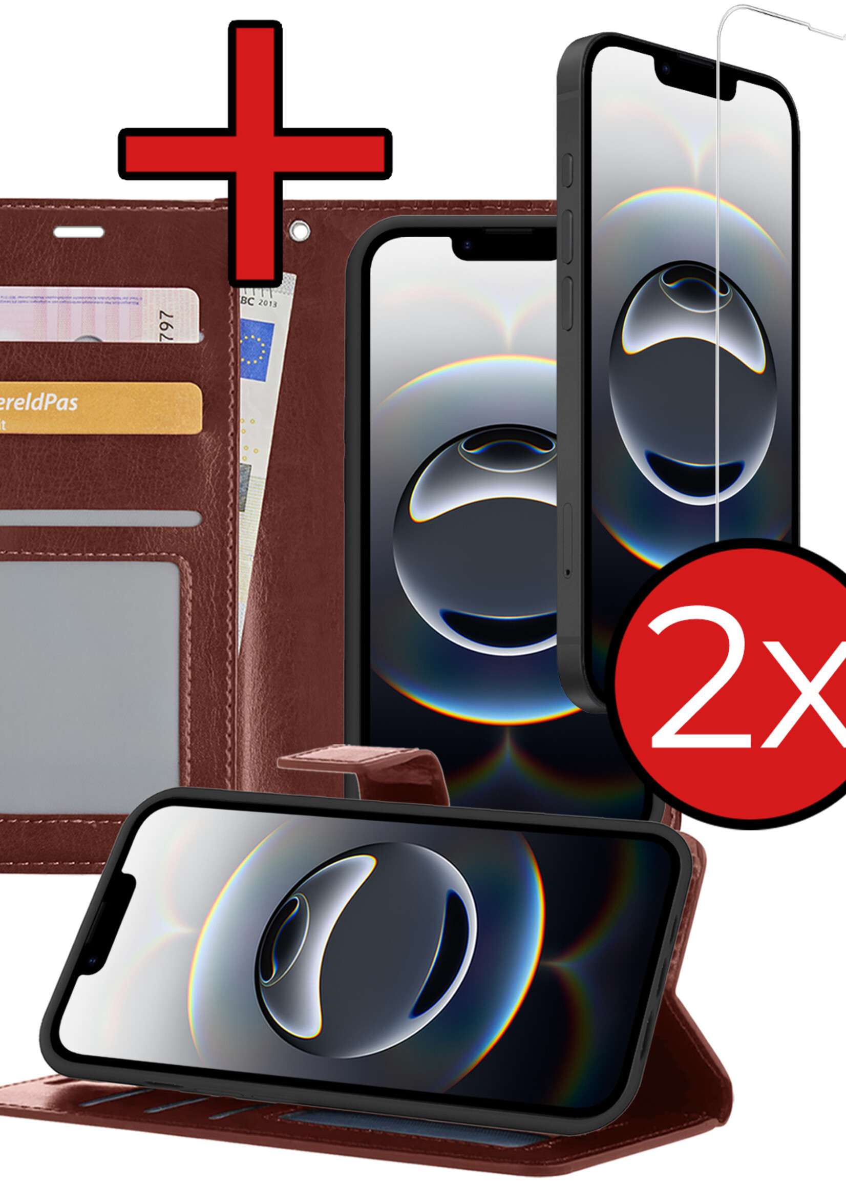 BTH BTH iPhone 16E Hoesje Bookcase Met 2x Screenprotector - Bruin