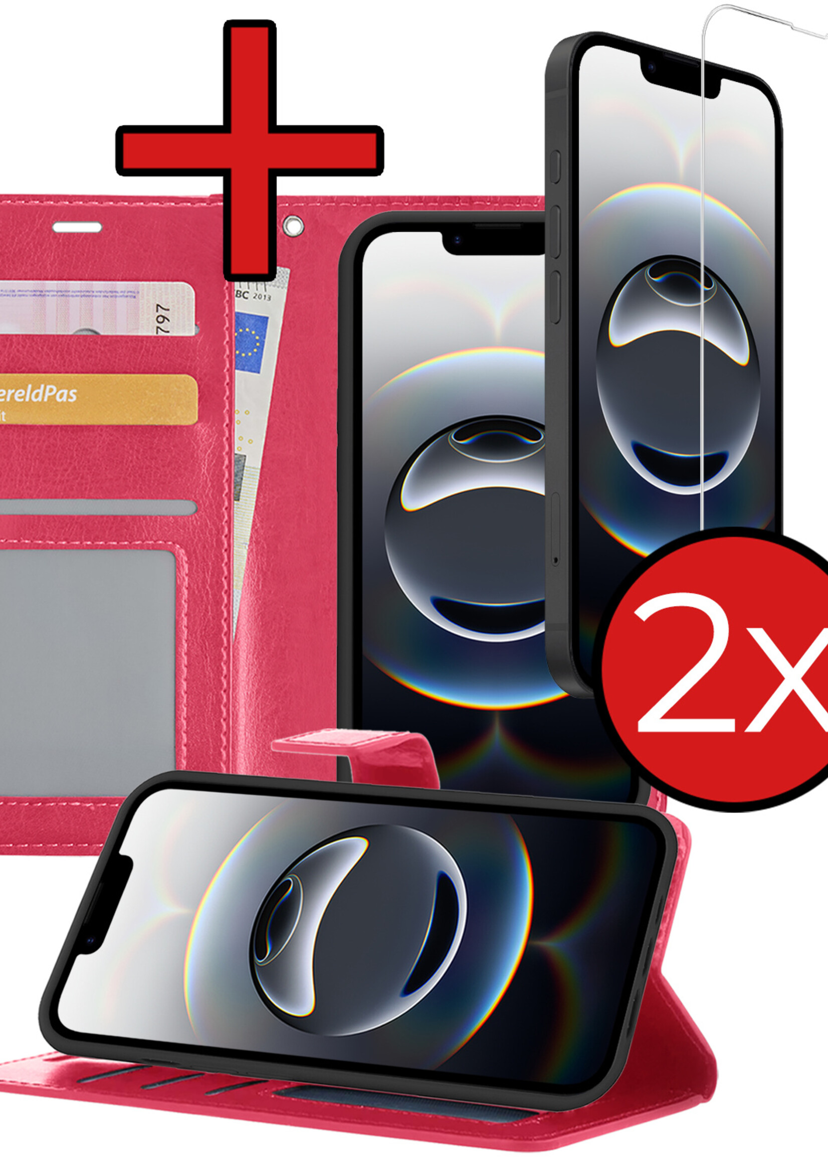 BTH BTH iPhone 16E Hoesje Bookcase Met 2x Screenprotector - Donkerroze