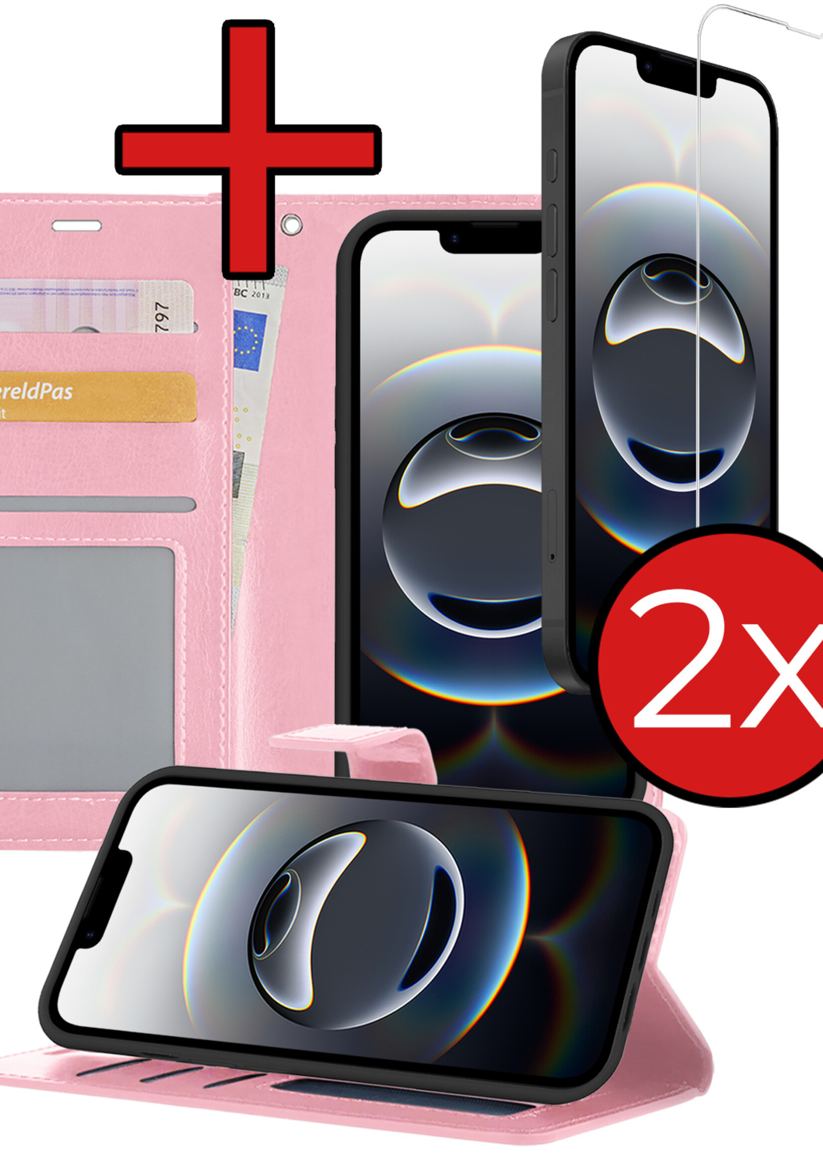 BTH BTH iPhone 16E Hoesje Bookcase Met 2x Screenprotector - Lichtroze