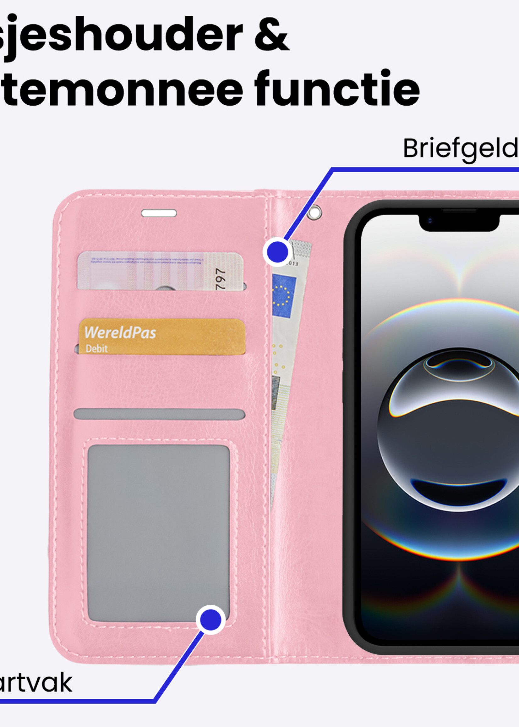 BTH BTH iPhone 16E Hoesje Bookcase Met 2x Screenprotector - Lichtroze