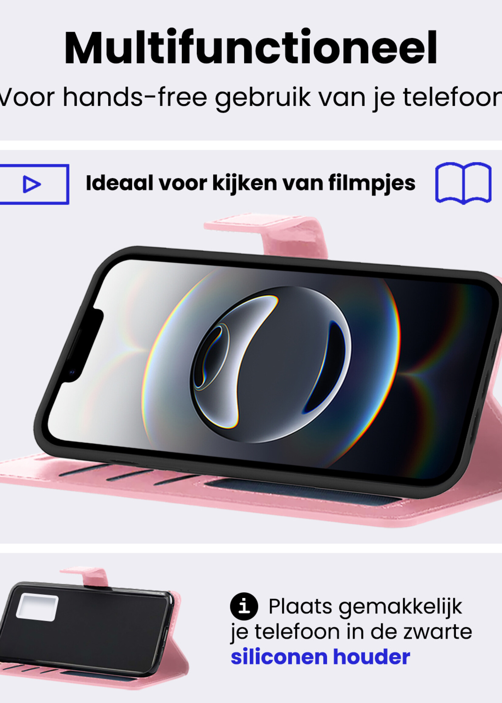 BTH BTH iPhone 16E Hoesje Bookcase Met 2x Screenprotector - Lichtroze