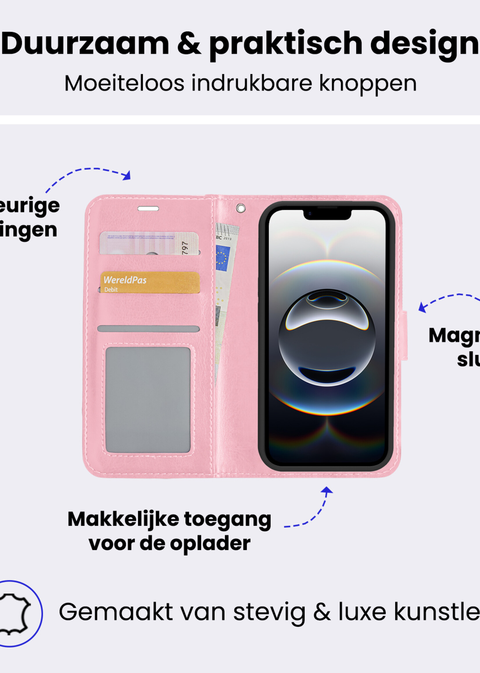 BTH BTH iPhone 16E Hoesje Bookcase Met 2x Screenprotector - Lichtroze