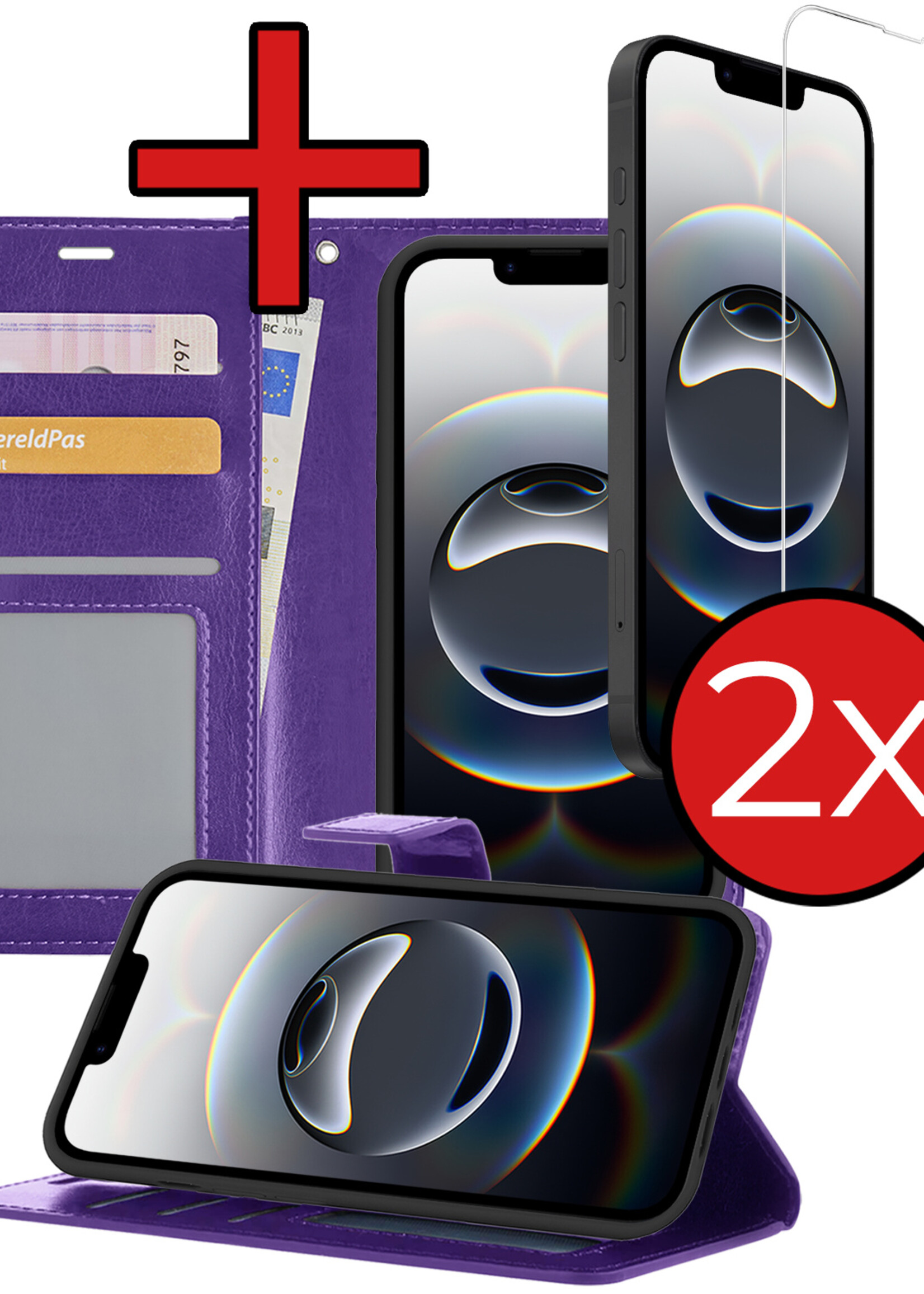 BTH BTH iPhone 16E Hoesje Bookcase Met 2x Screenprotector - Paars