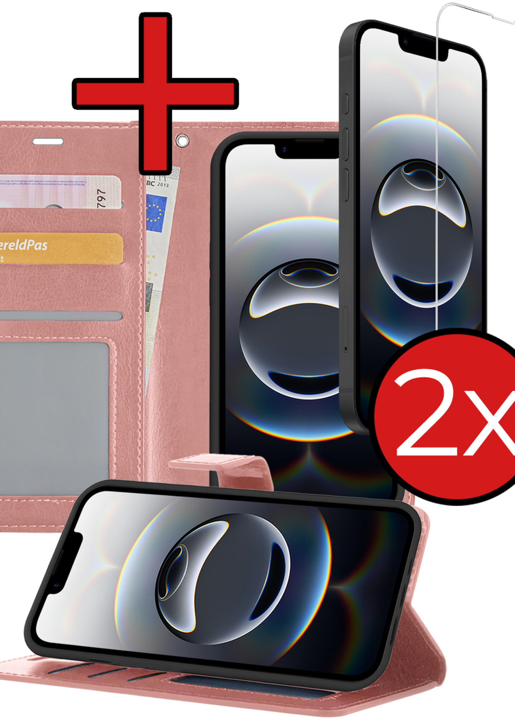 BTH BTH iPhone 16E Hoesje Bookcase Met 2x Screenprotector - Rose Goud