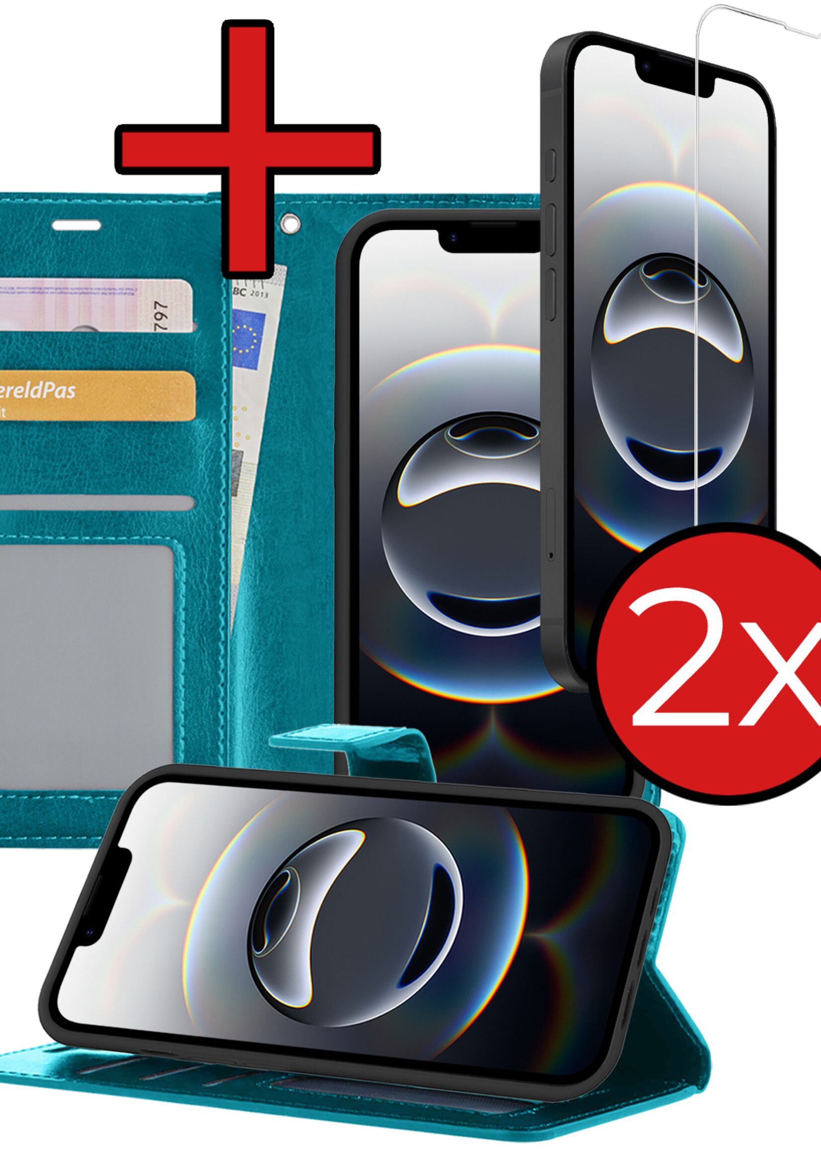 BTH BTH iPhone 16E Hoesje Bookcase Met 2x Screenprotector - Turquoise
