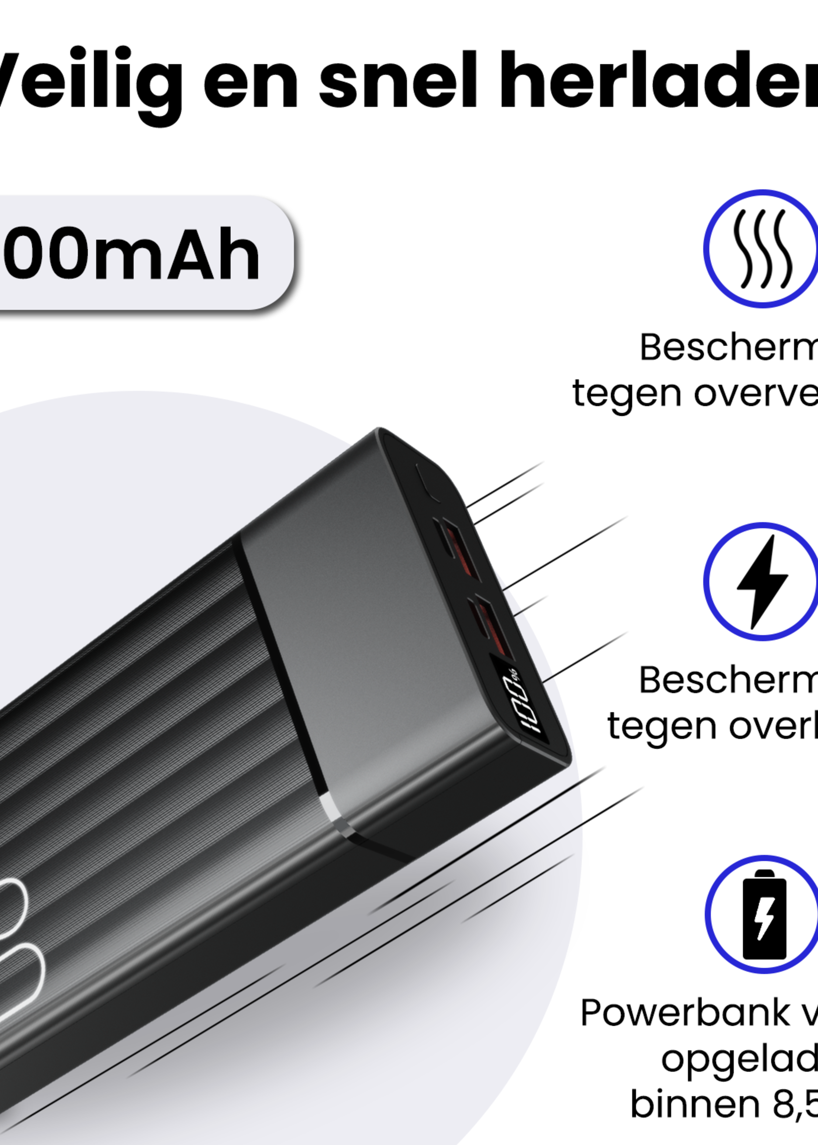 BTH Powerbank 20000 mAh USB-C & USB-A Fast Charge – Powerbanks Geschikt Voor iPhone en Samsung Noodpakket - Zwart