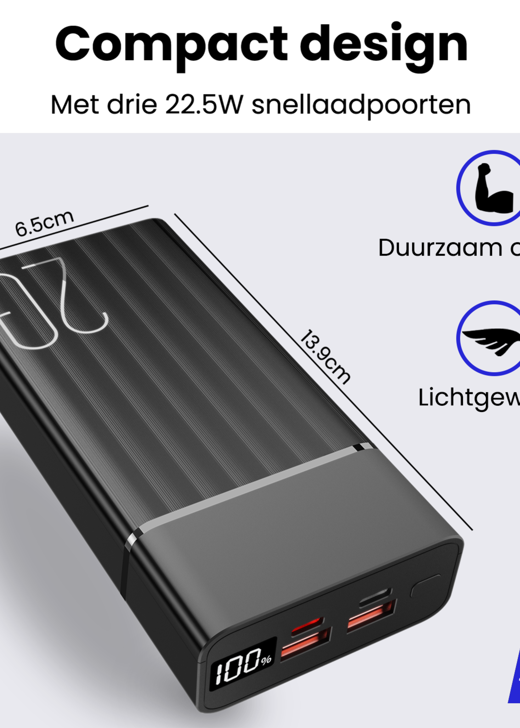 BTH Powerbank 20000 mAh USB-C & USB-A Fast Charge – Powerbanks Geschikt Voor iPhone en Samsung Noodpakket - Zwart
