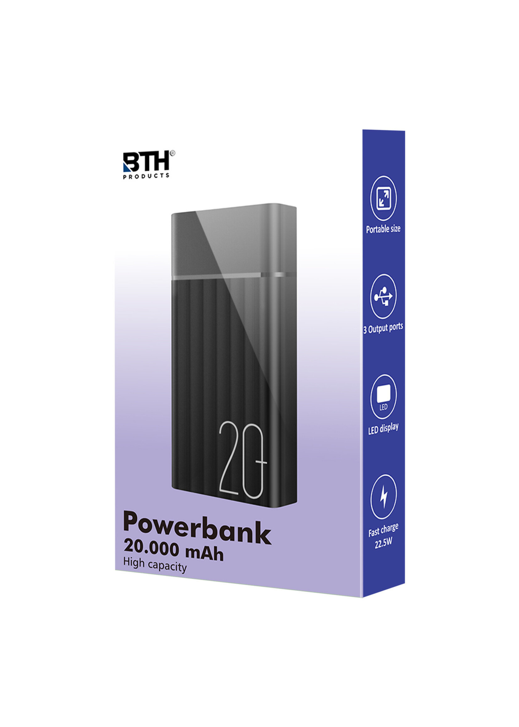 BTH Powerbank 20000 mAh USB-C & USB-A Fast Charge – Powerbanks Geschikt Voor iPhone en Samsung Noodpakket - Zwart