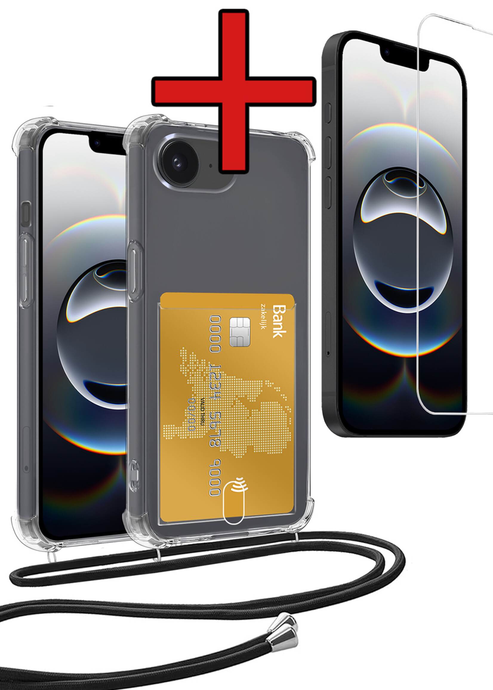BTH BTH iPhone 16E Hoesje Pashouder met Koord Met Screenprotector