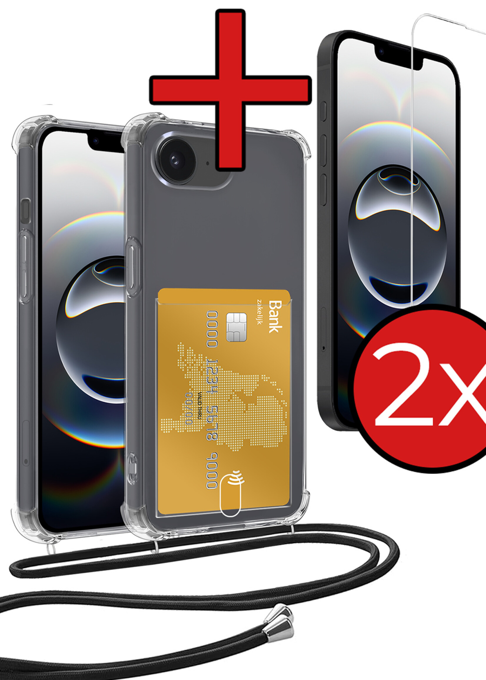 BTH BTH iPhone 16E Hoesje Pashouder met Koord Met 2x Screenprotector