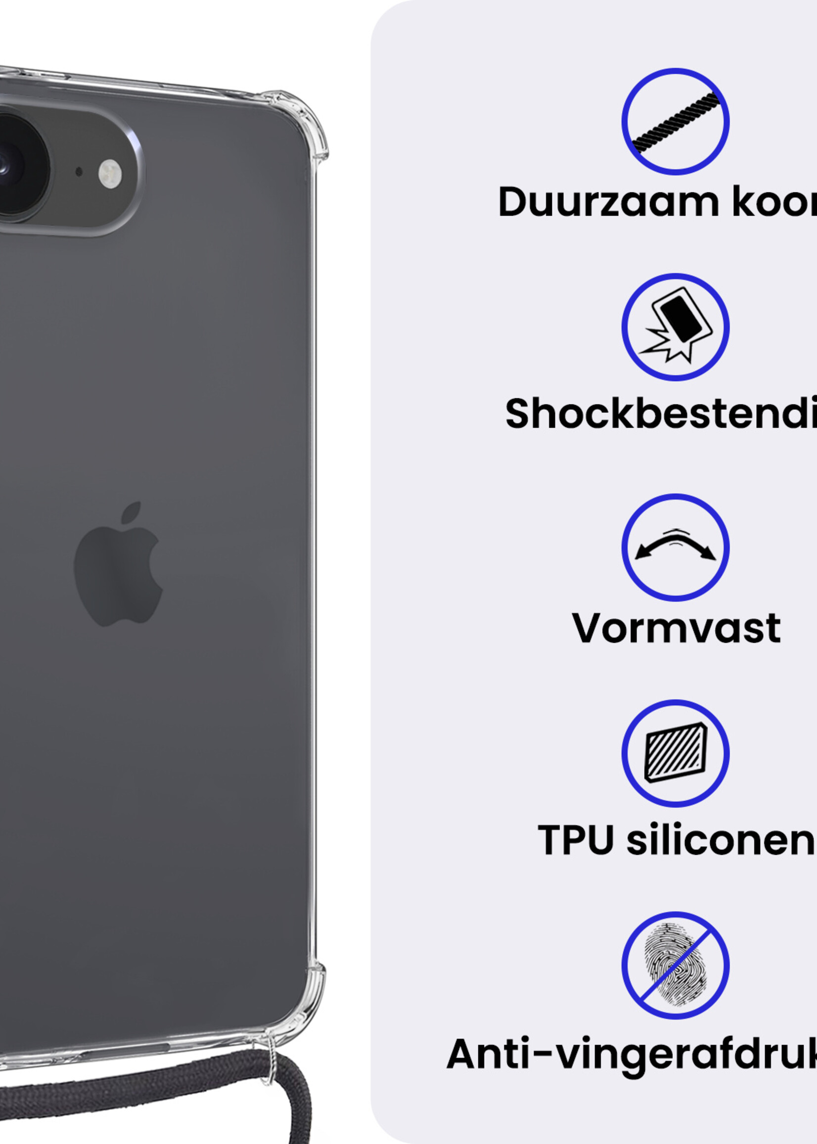 BTH BTH iPhone 16E Hoesje Transparant Shockproof Met Zwart Koord