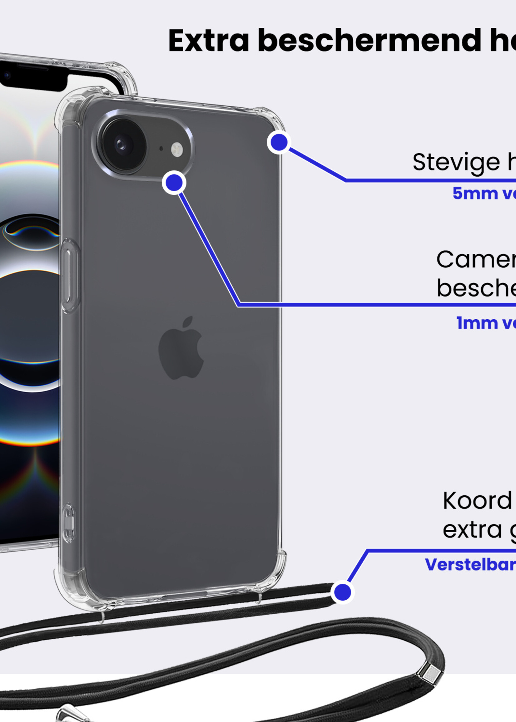 BTH BTH iPhone 16E Hoesje Transparant Shockproof Met Zwart Koord