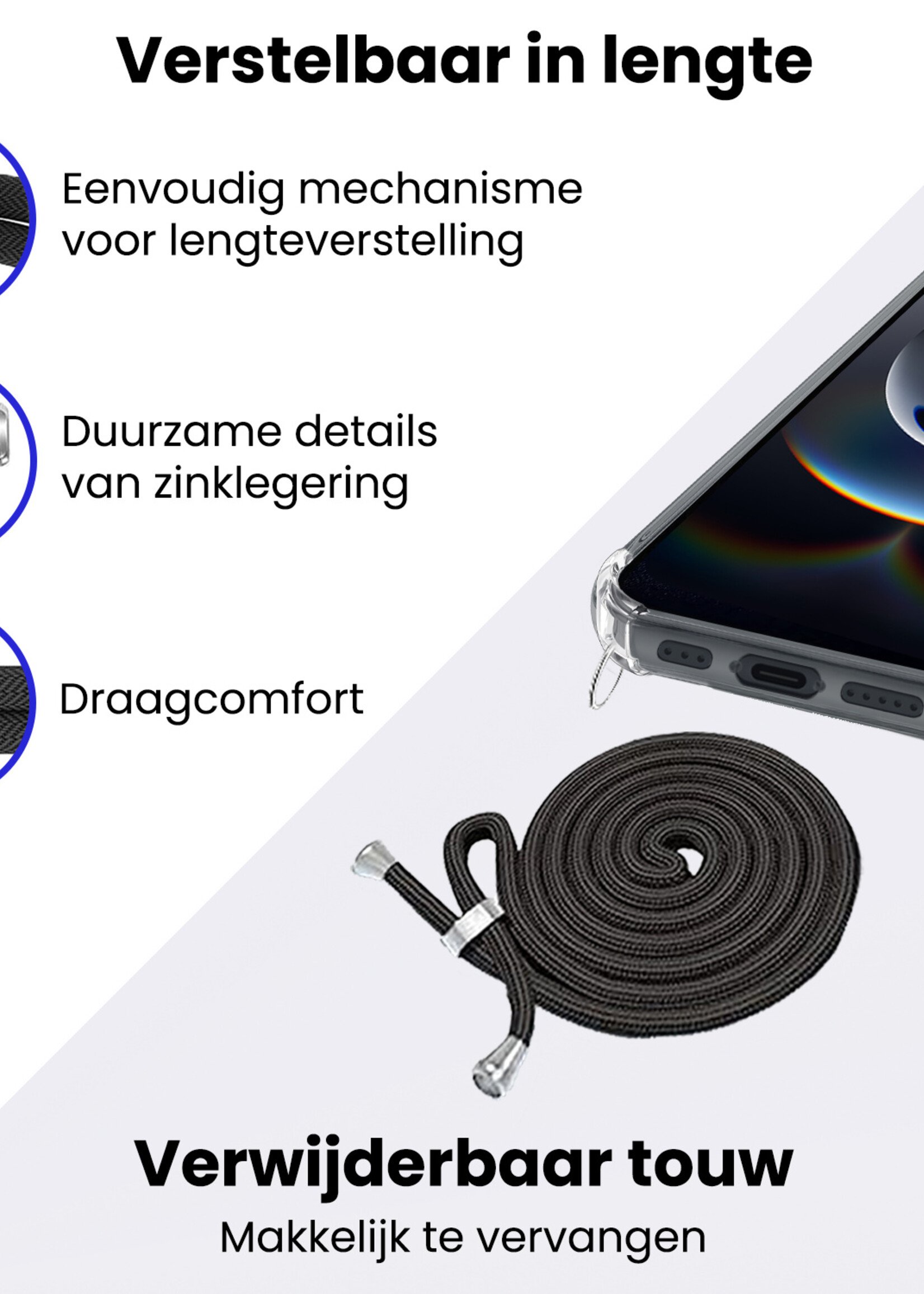 BTH BTH iPhone 16E Hoesje Transparant Shockproof Met Zwart Koord