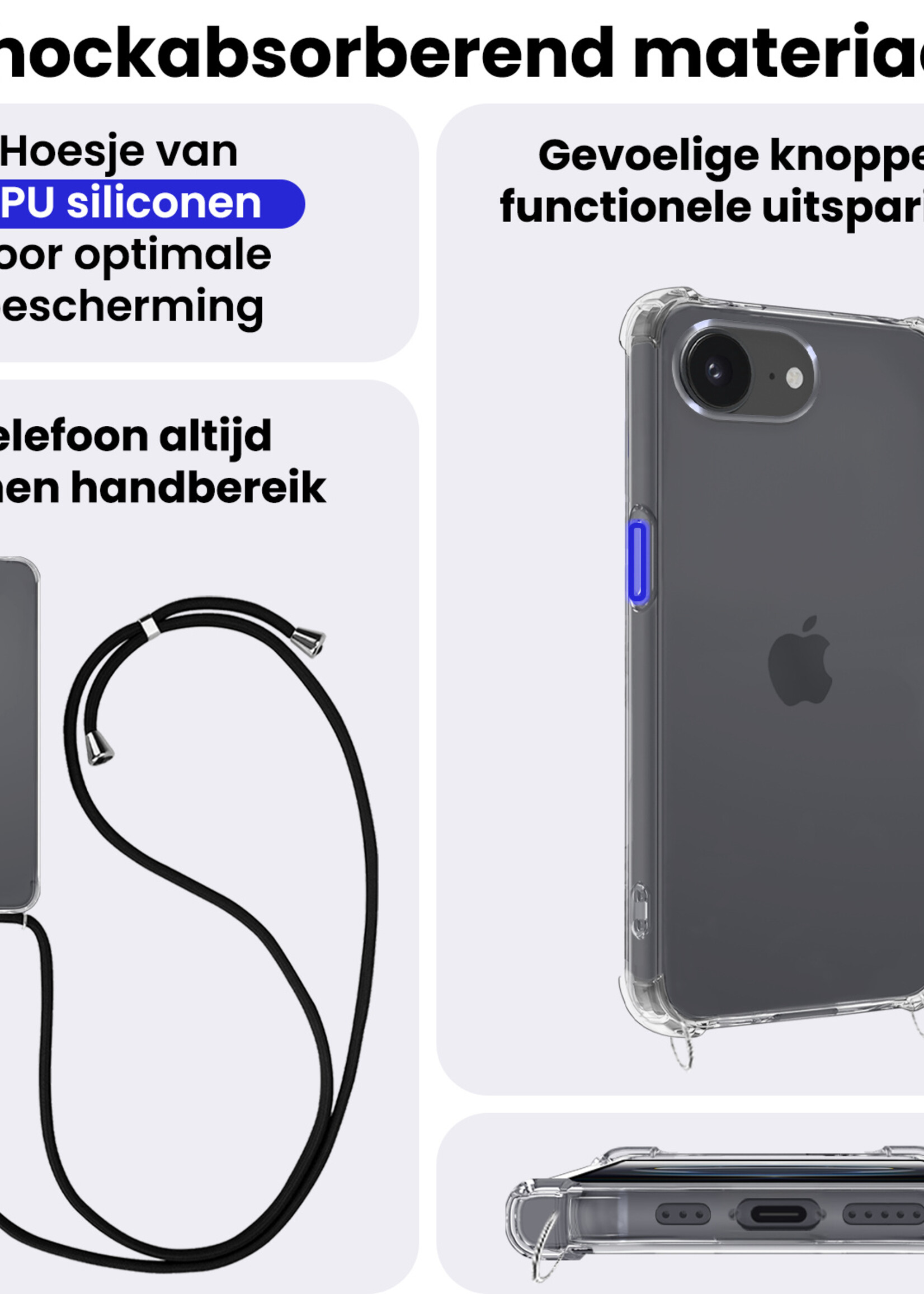 BTH BTH iPhone 16E Hoesje Transparant Shockproof Met Zwart Koord