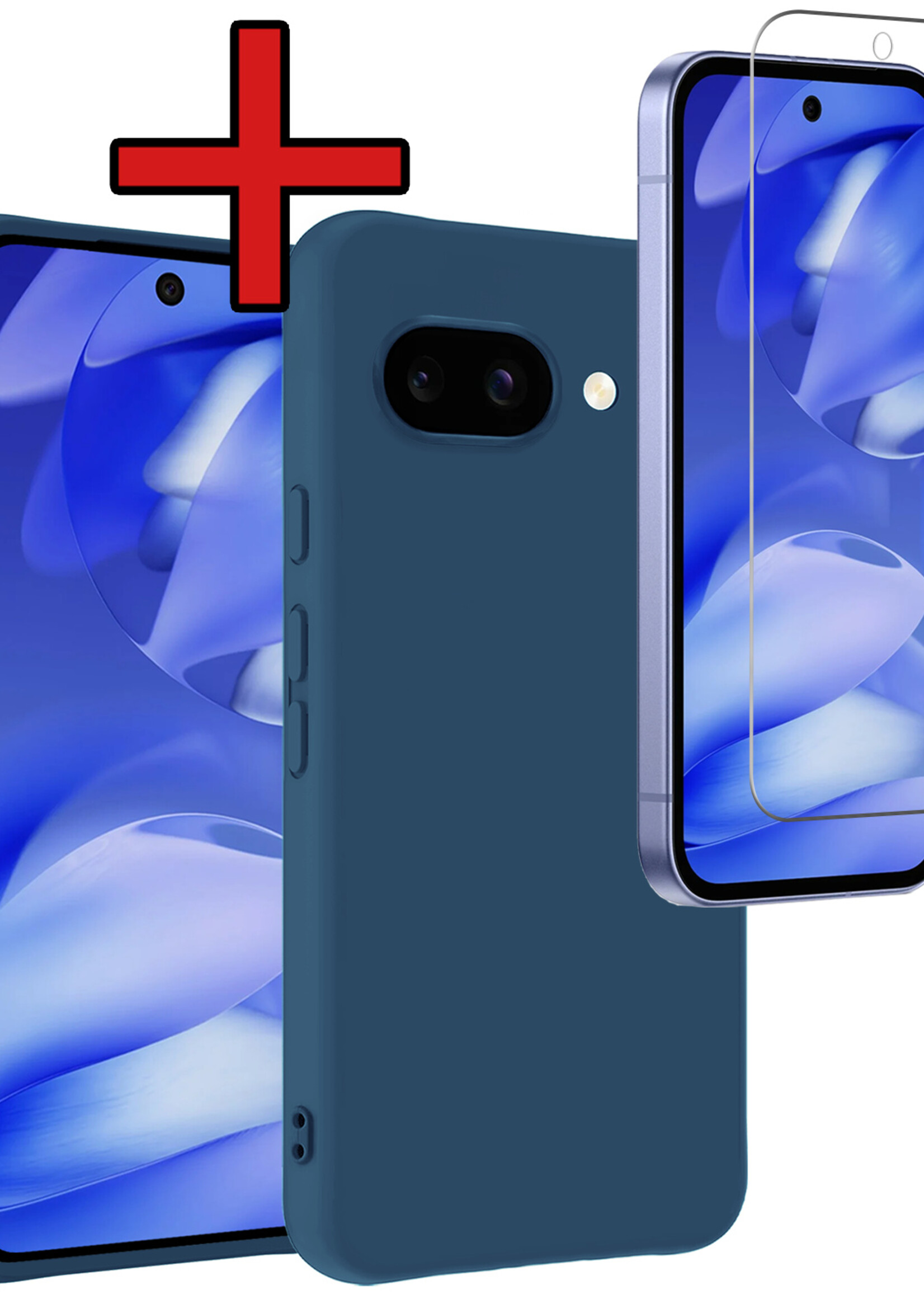 BTH BTH Google Pixel 9a Hoesje Siliconen Met Screenprotector - Donkerblauw