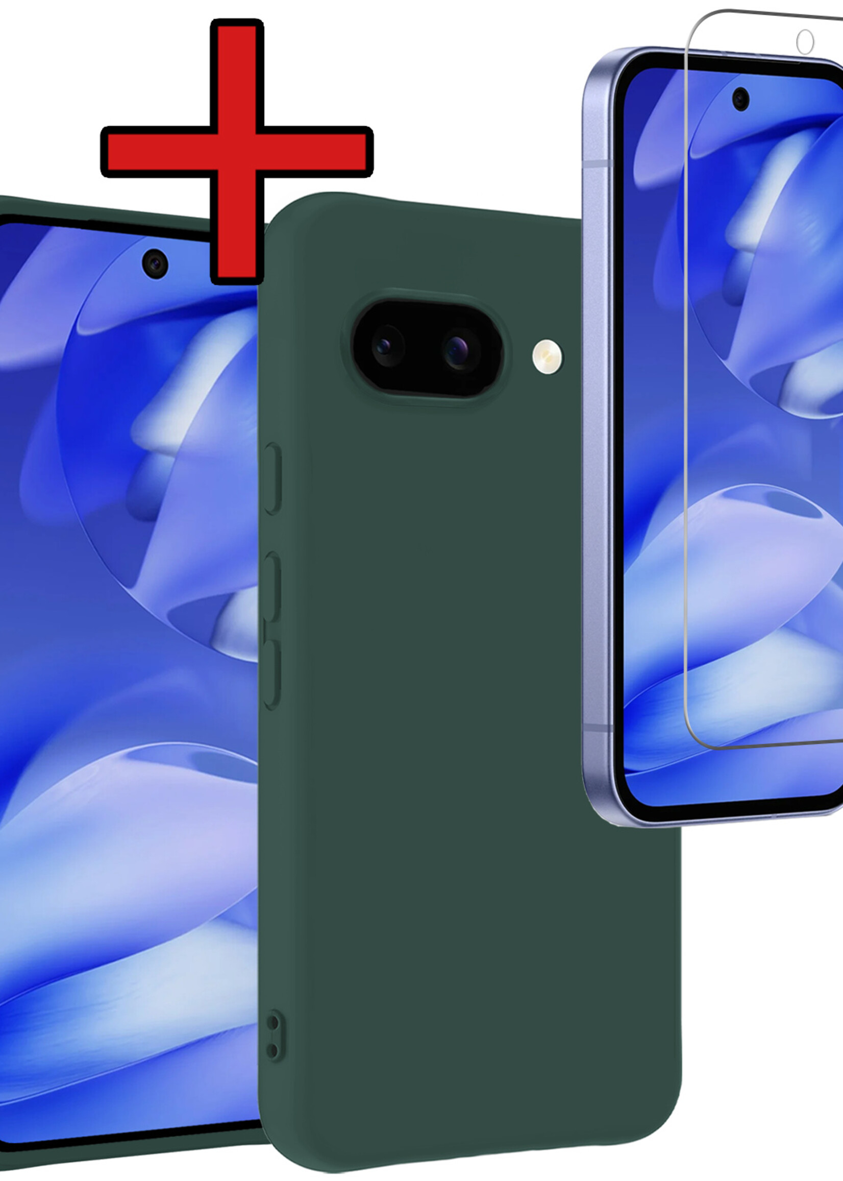 BTH BTH Google Pixel 9a Hoesje Siliconen Met Screenprotector - Donkergroen