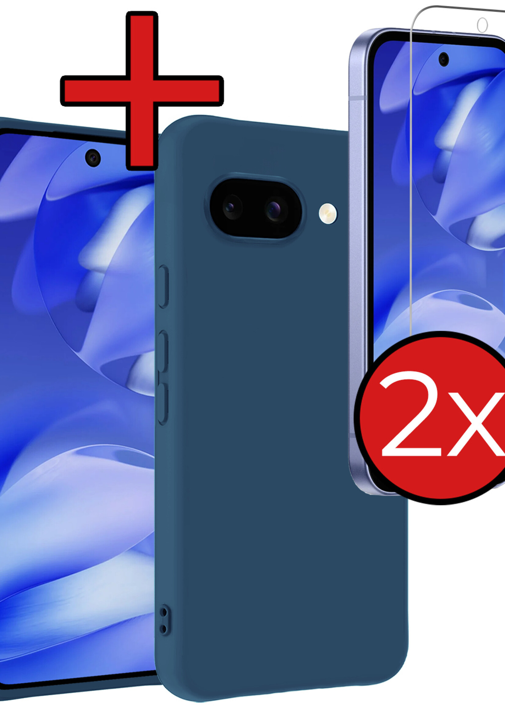 BTH BTH Google Pixel 9a Hoesje Siliconen Met 2x Screenprotector - Donkerblauw