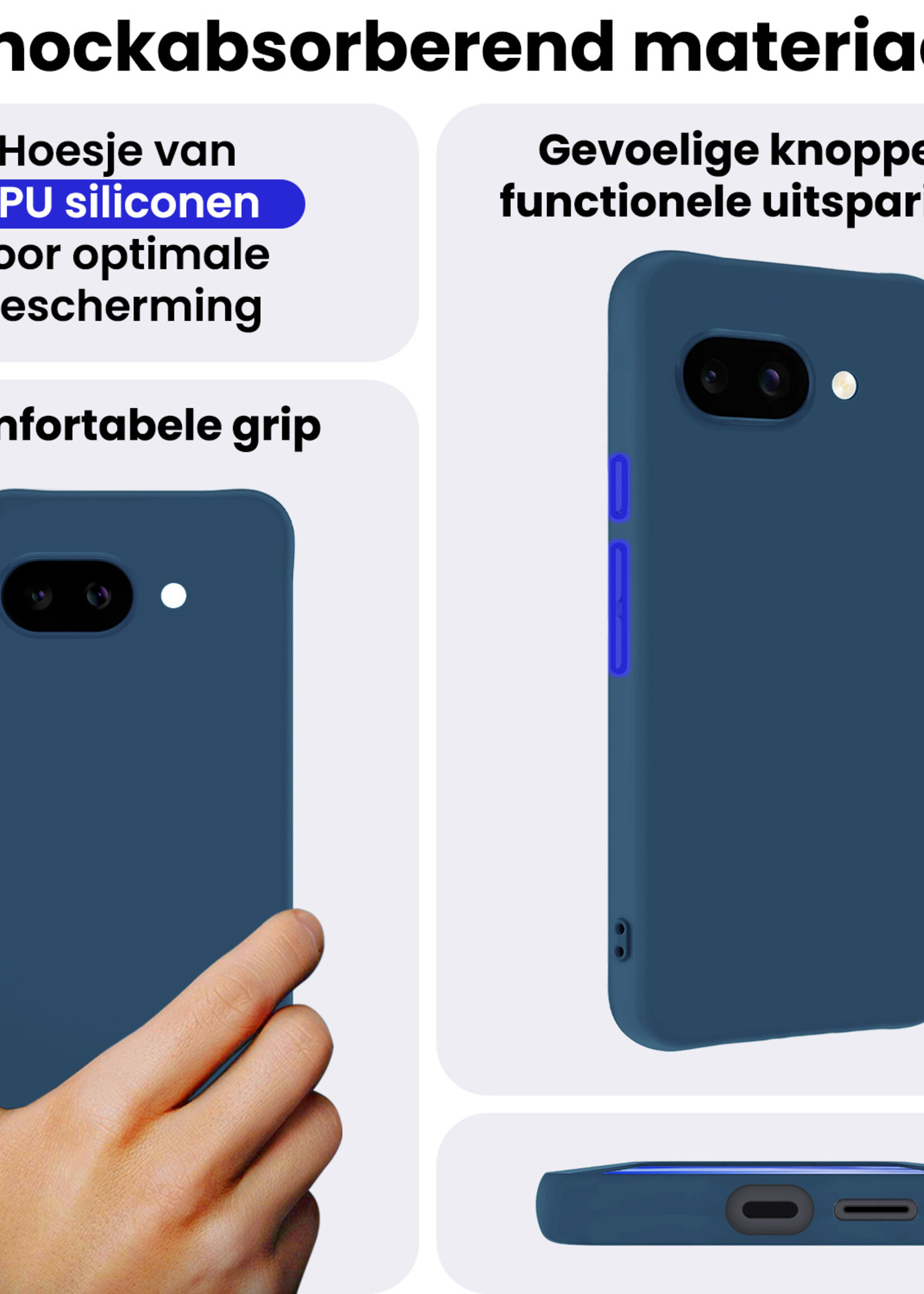 BTH BTH Google Pixel 9a Hoesje Siliconen Met 2x Screenprotector - Donkerblauw