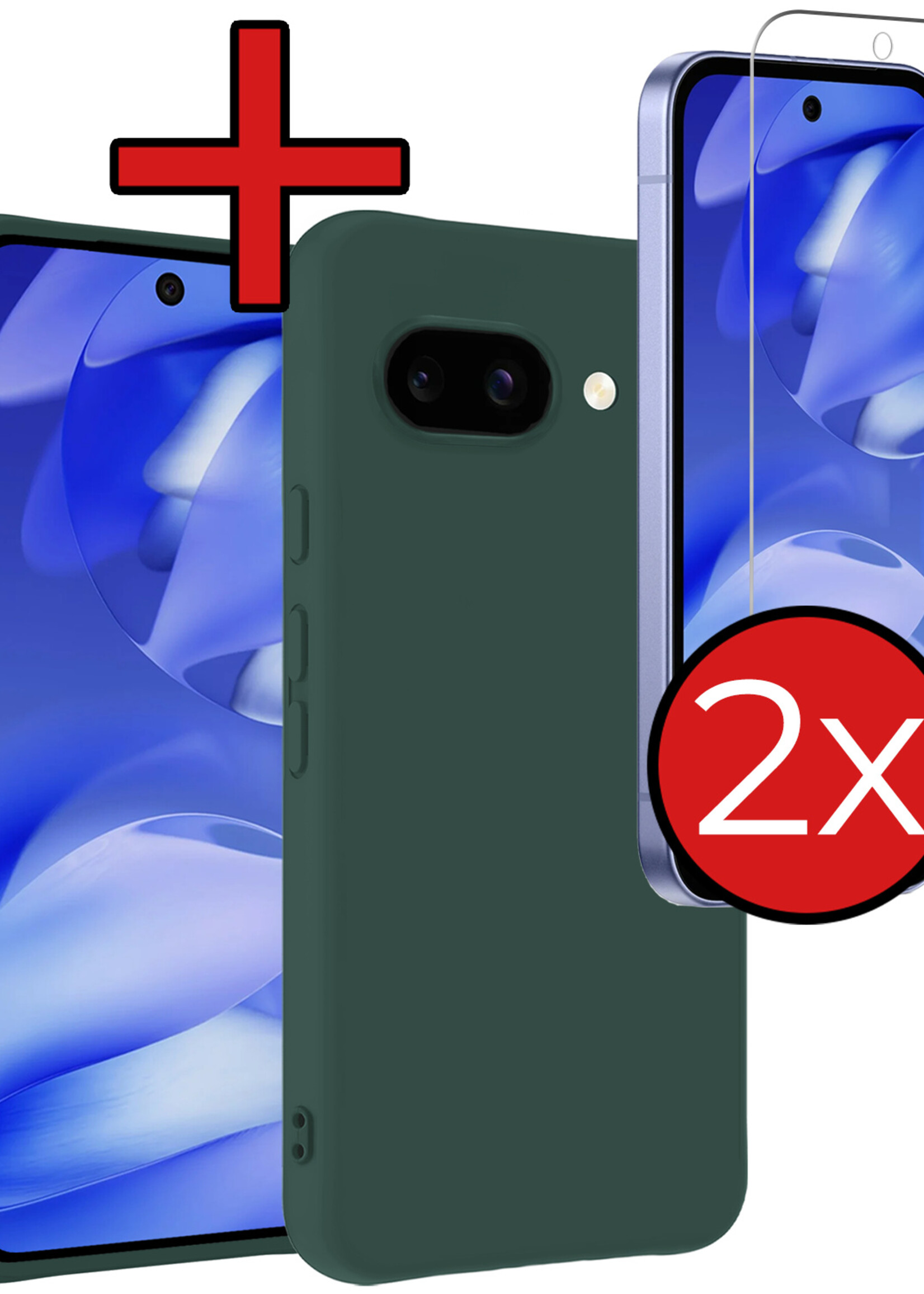 BTH BTH Google Pixel 9a Hoesje Siliconen Met 2x Screenprotector - Donkergroen