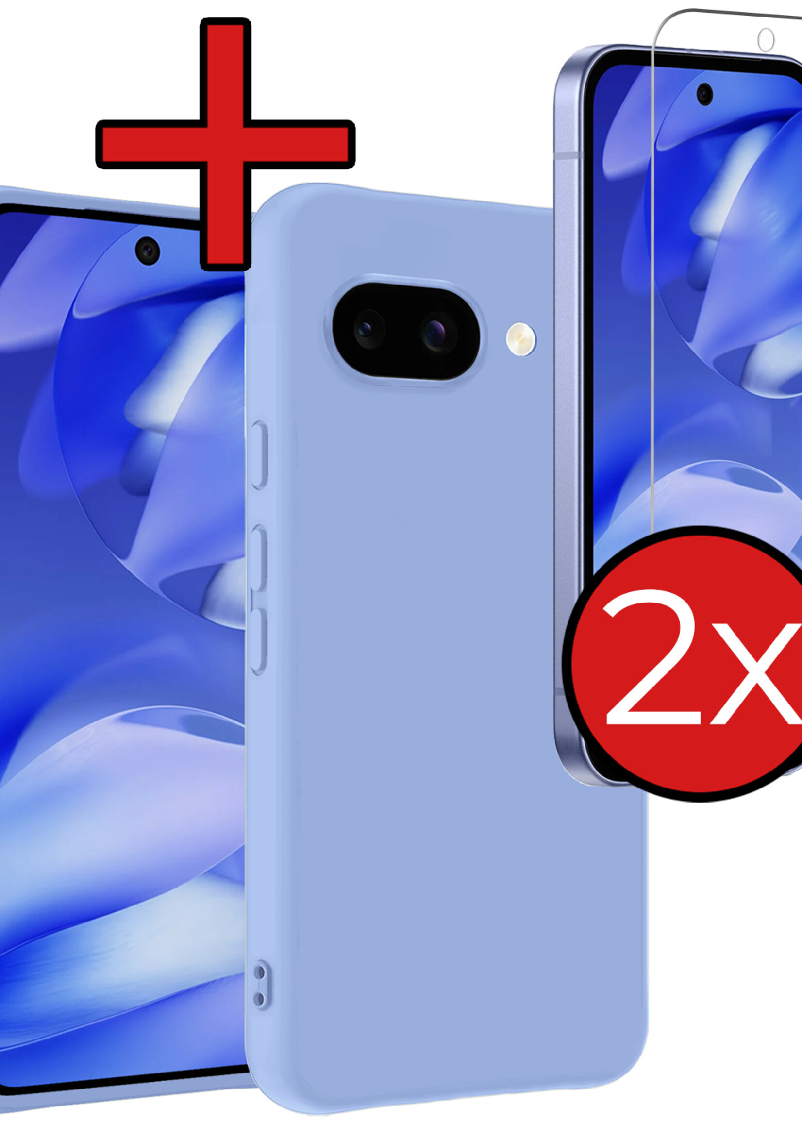 BTH BTH Google Pixel 9a Hoesje Siliconen Met 2x Screenprotector - Lichtblauw