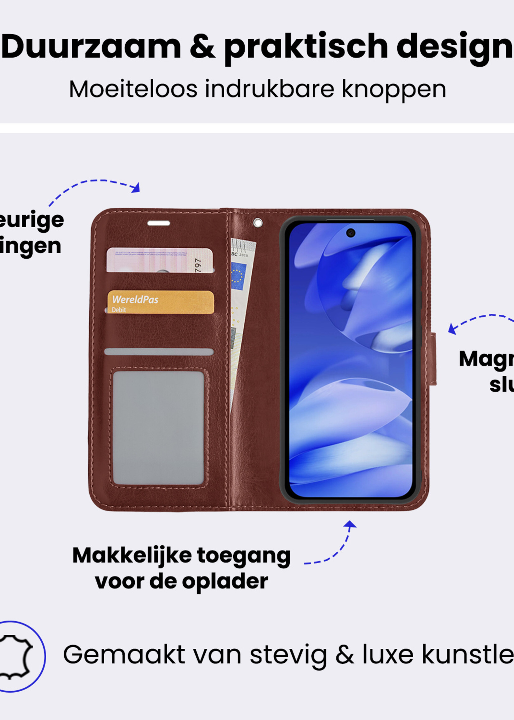 BTH BTH Google Pixel 9a Hoesje Bookcase Met Screenprotector - Bruin
